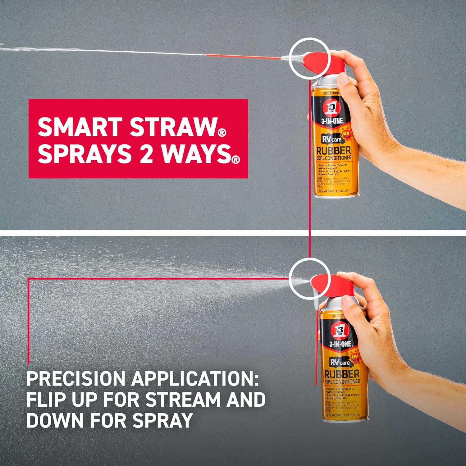 3-IN-ONE RVcare Rubber Seal Conditioner with Smart Straw Sprays 2 Ways, 11 OZ & Garage Door Lubricant with Smart Straw Sprays 2 Ways, 11 OZ