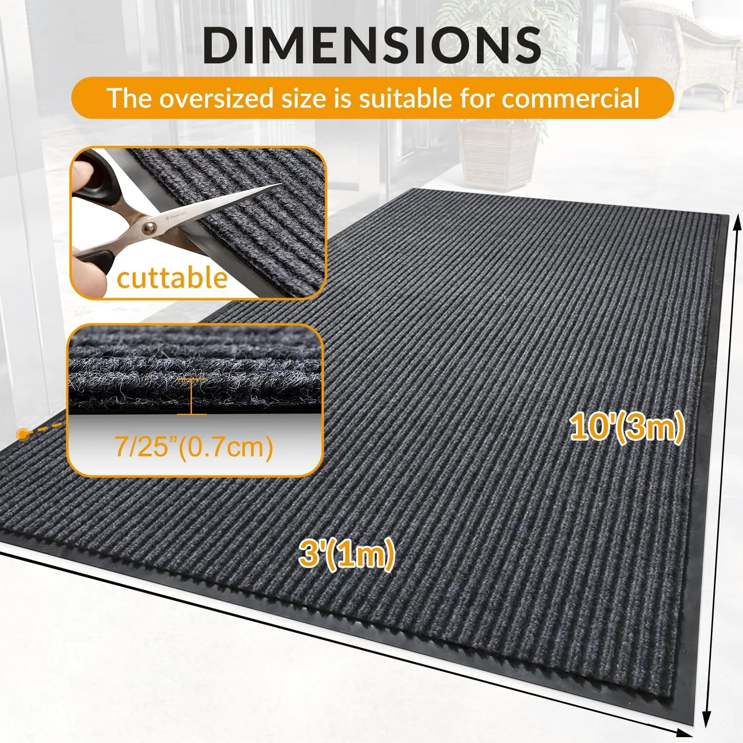 3' x 10' Moisture Guard Doormat, Commercial Grade Door Floor Mat Striped Brush Step Entrance Mat with Rubber Backing, Low Profile Commercial Rugs for Entryway, Easy to Clean(Charcoal Grey)