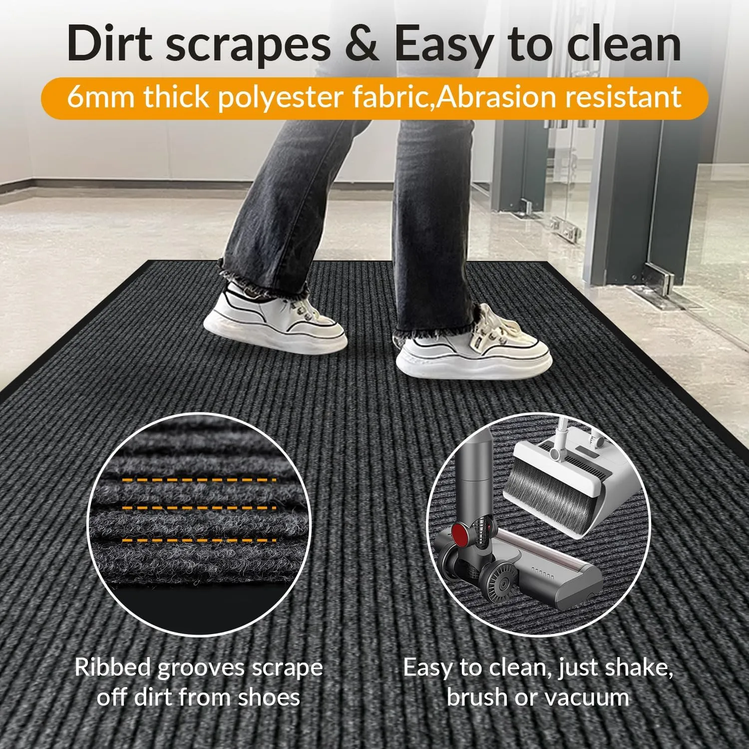 3' x 10' Moisture Guard Doormat, Commercial Grade Door Floor Mat Striped Brush Step Entrance Mat with Rubber Backing, Low Profile Commercial Rugs for Entryway, Easy to Clean(Charcoal Grey)