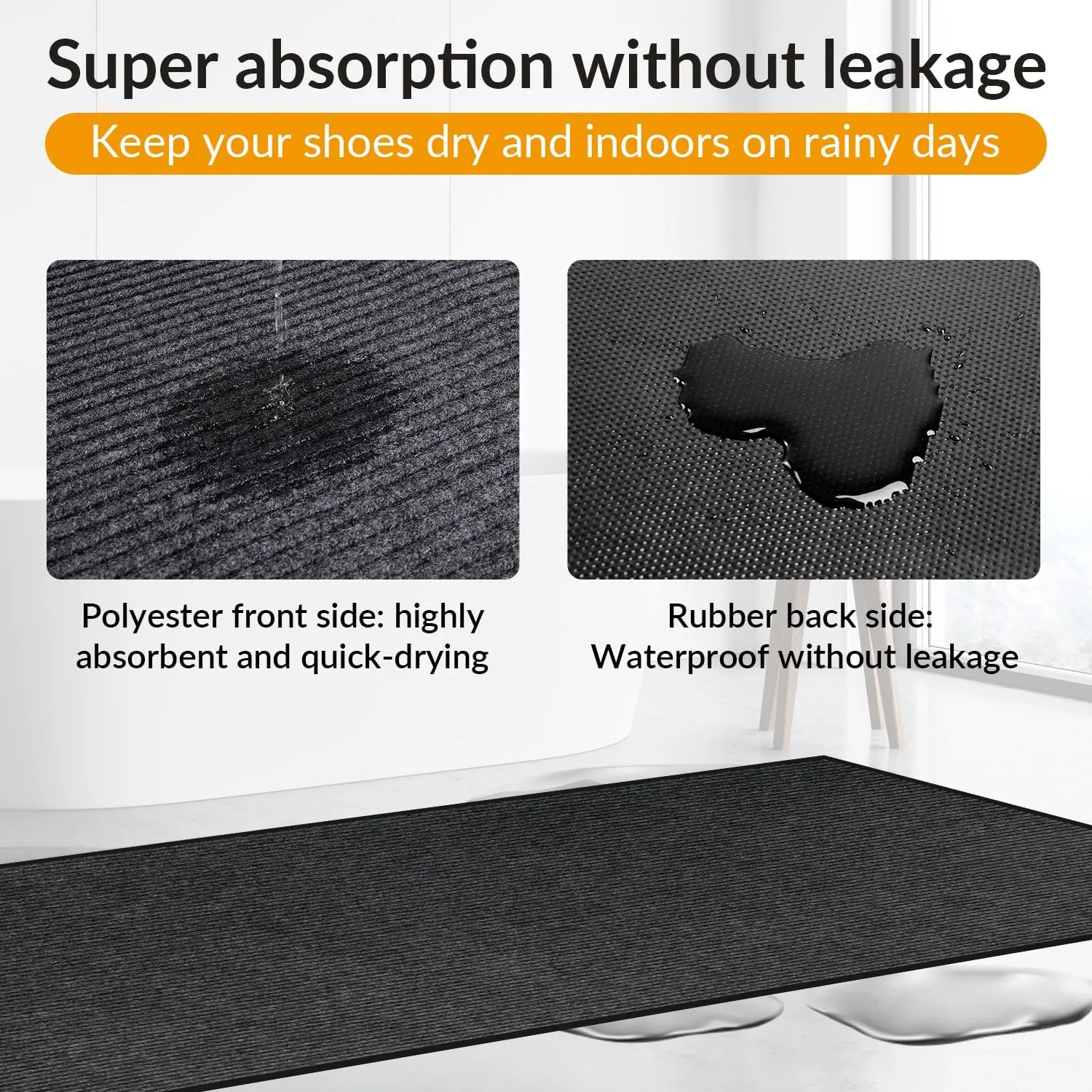 3' x 10' Moisture Guard Doormat, Commercial Grade Door Floor Mat Striped Brush Step Entrance Mat with Rubber Backing, Low Profile Commercial Rugs for Entryway, Easy to Clean(Charcoal Grey)