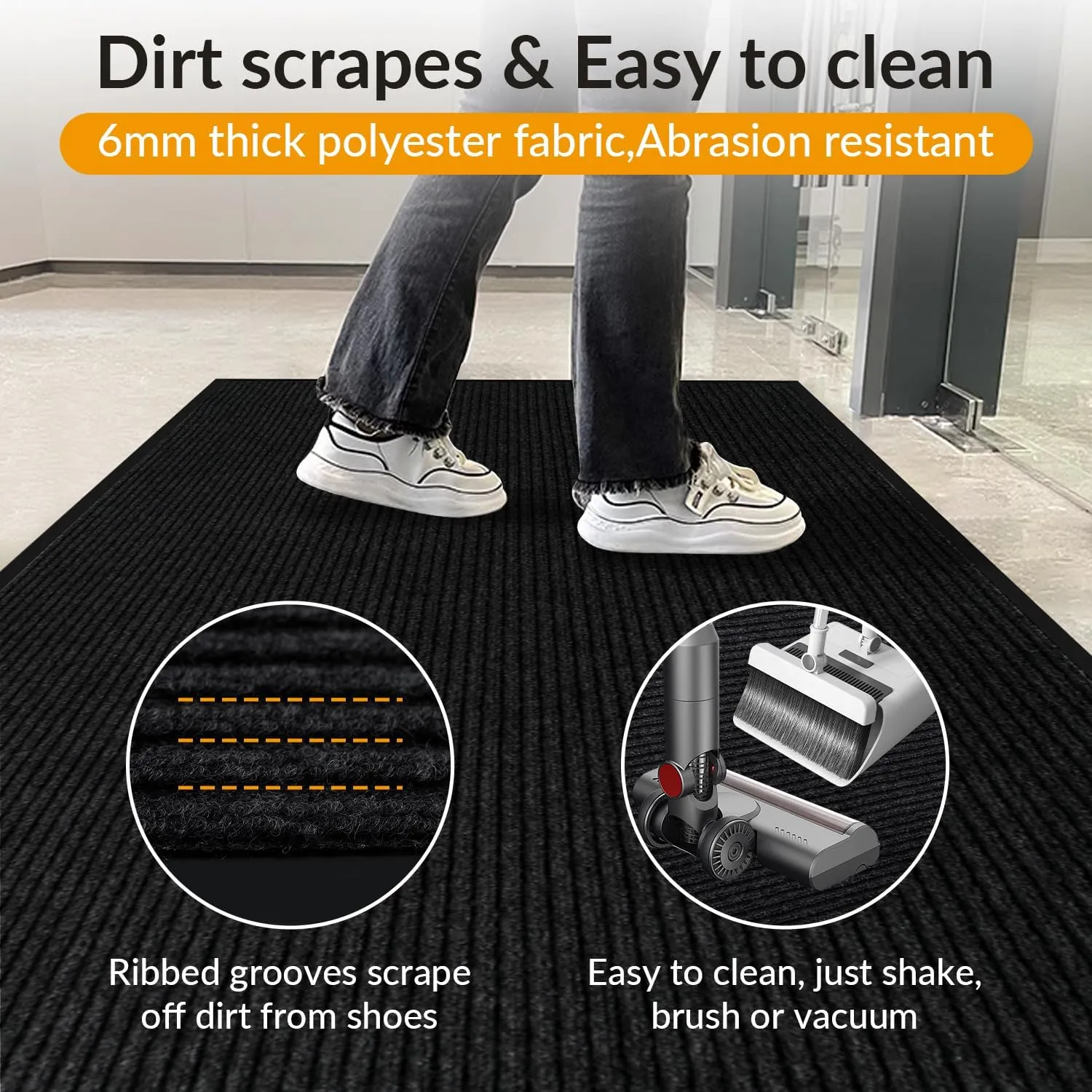 3' x 5' High Traffic Guard Doormat, Commercial Grade Door Floor Mat Striped Brush Step Entrance Mat with Rubber Backing, Low Profile Commercial Rugs for Entryway, Easy to Clean(Jet Black)
