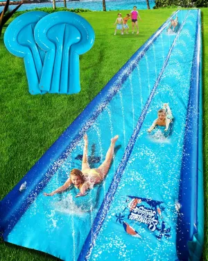 32ft Slip and Water Slide for Kids and Adults Backyard,2 Lanes Extra Long Inflatable Slip and Water Slide with Sprinkler and Bodyboards,Heavy Duty Summer Outdoor Water Toy,Blue Shark Theme