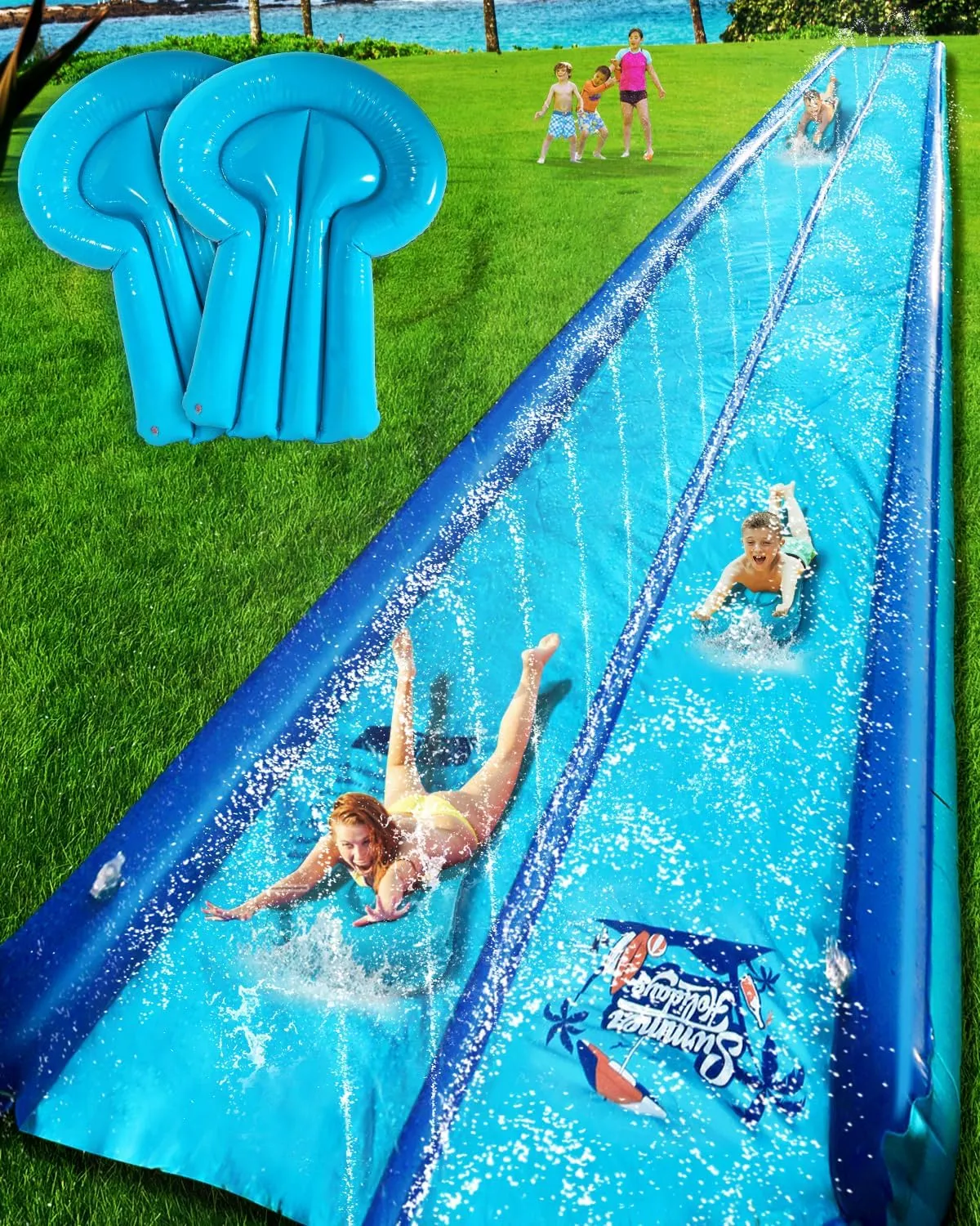 32ft Slip and Water Slide for Kids and Adults Backyard,2 Lanes Extra Long Inflatable Slip and Water Slide with Sprinkler and Bodyboards,Heavy Duty Summer Outdoor Water Toy,Blue Shark Theme