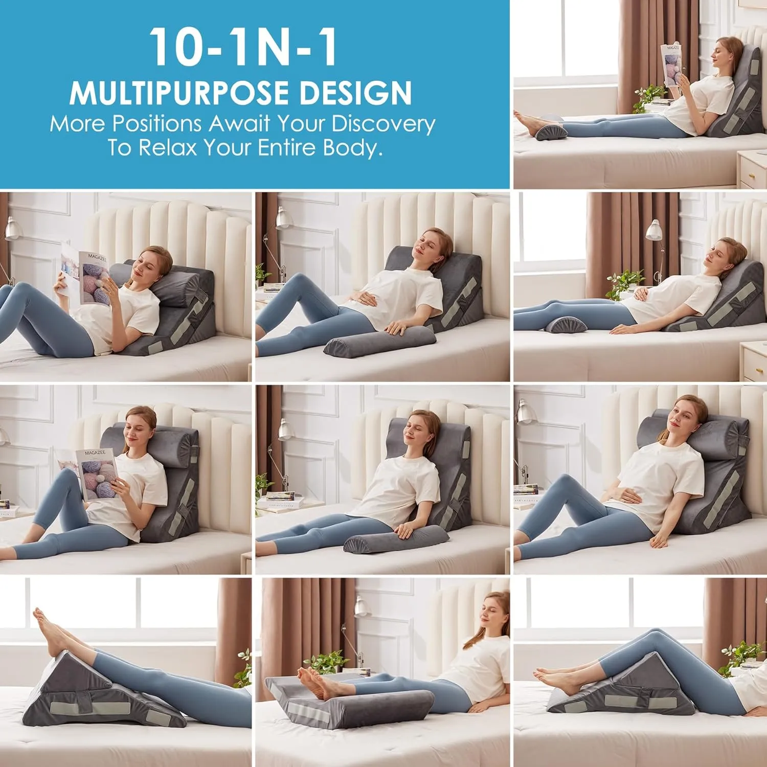 3PCS Bed Wedge Pillow for Headboard, 10-in-1 Adjustable Foam Wedge Pillow for Acid Reflux Relief, 23” Wide Triangle Pillow Wedge for Post Surgery, Back Pain Relief & Snoring, Grey