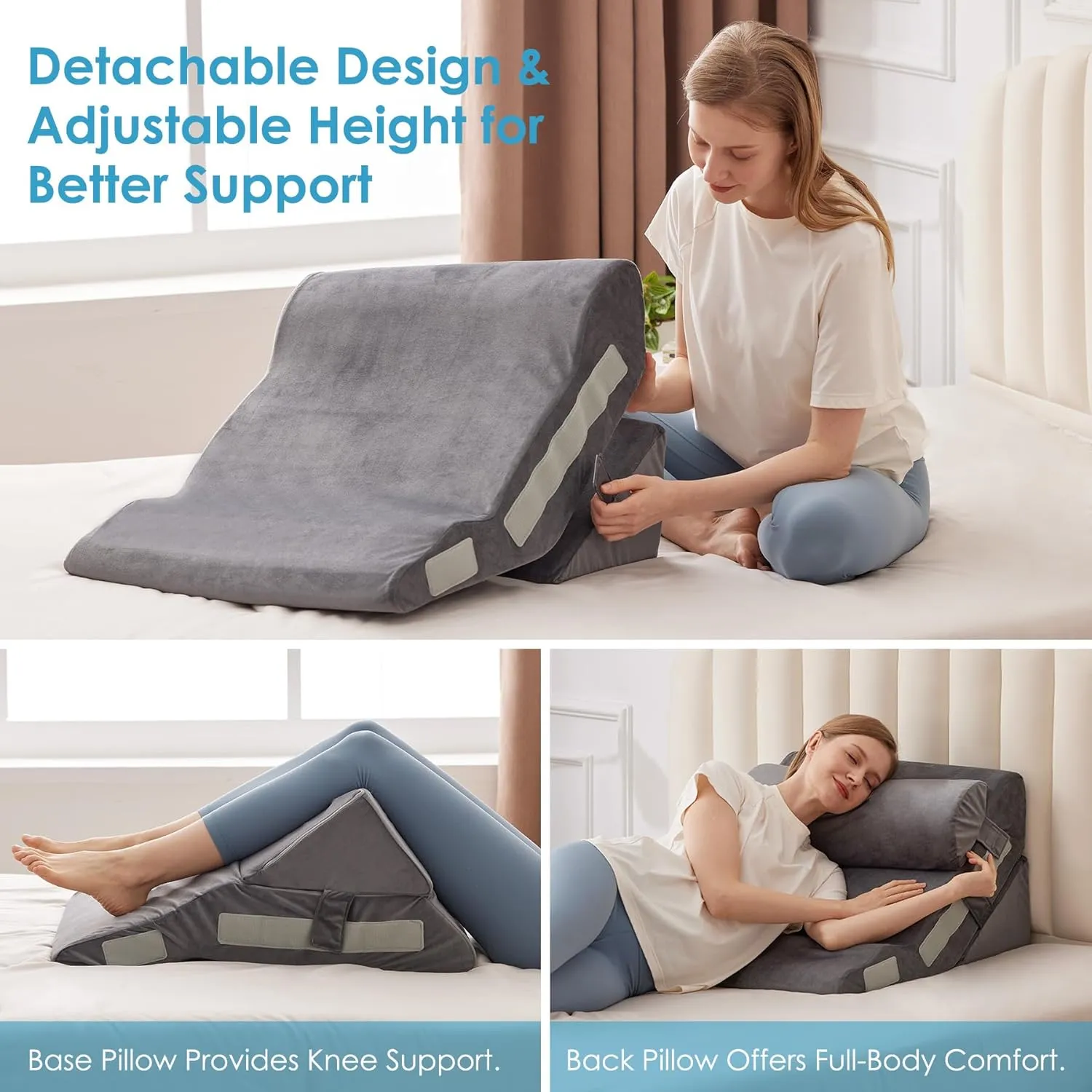 3PCS Bed Wedge Pillow for Headboard, 10-in-1 Adjustable Foam Wedge Pillow for Acid Reflux Relief, 23” Wide Triangle Pillow Wedge for Post Surgery, Back Pain Relief & Snoring, Grey