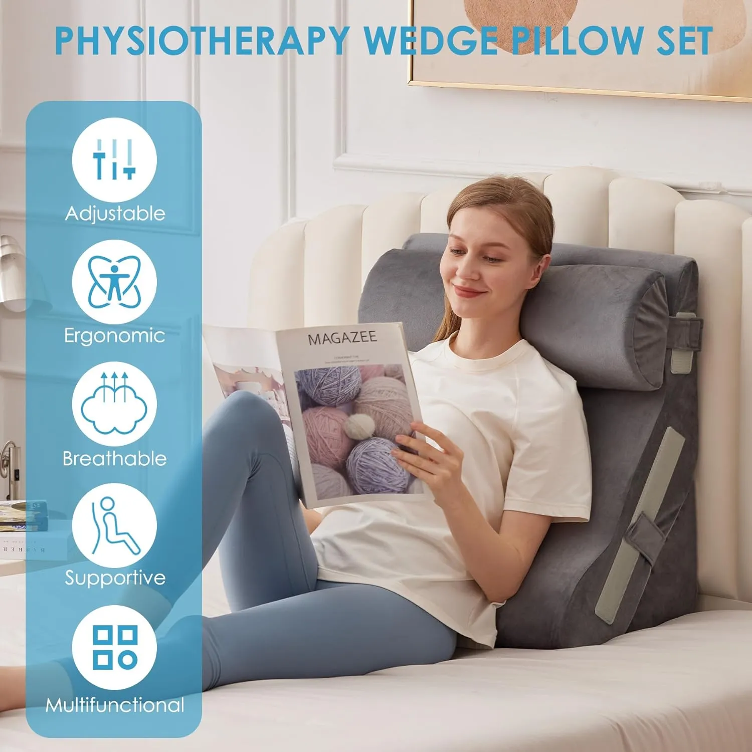 3PCS Bed Wedge Pillow for Headboard, 10-in-1 Adjustable Foam Wedge Pillow for Acid Reflux Relief, 23” Wide Triangle Pillow Wedge for Post Surgery, Back Pain Relief & Snoring, Grey