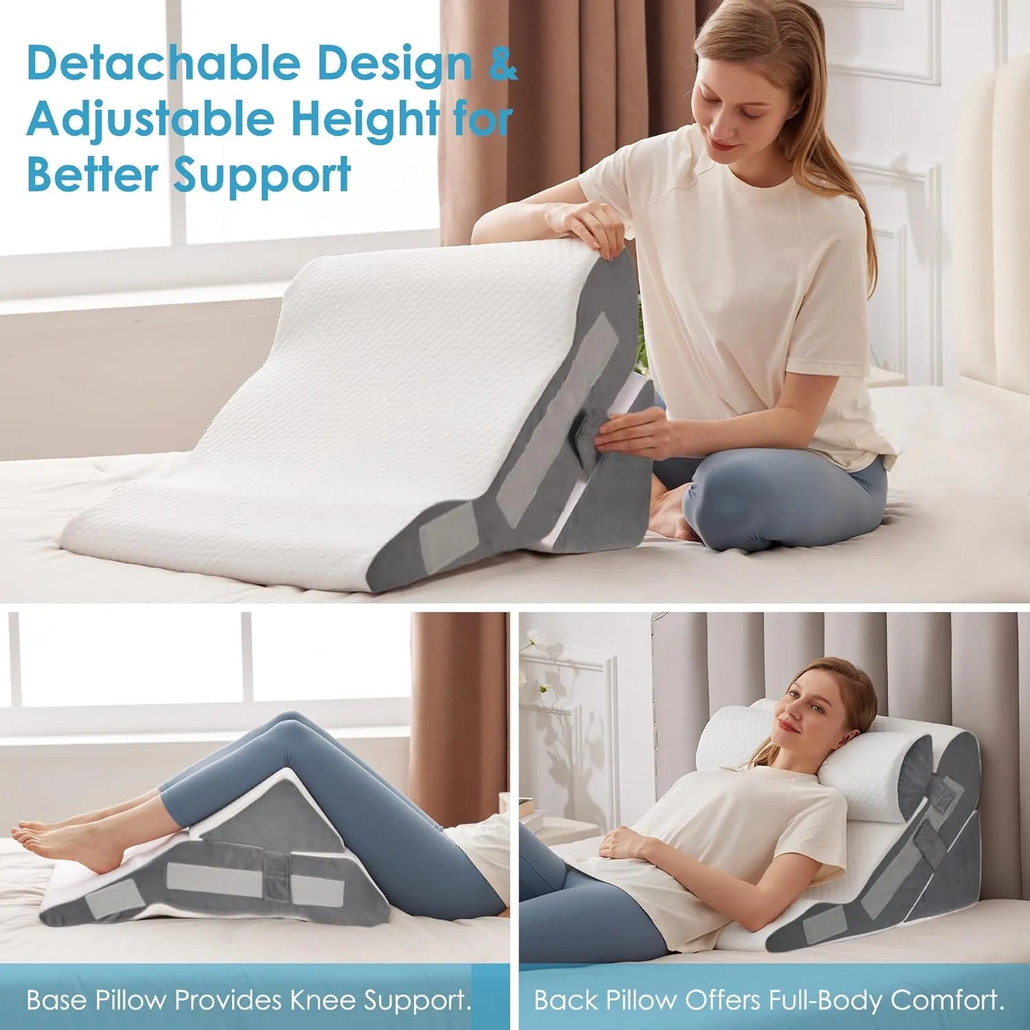 3PCS Bed Wedge Pillow for Headboard, 10-in-1 Adjustable Foam Wedge Pillow for Acid Reflux Relief, 23” Wide Triangle Pillow Wedge for Post Surgery, Back Pain Relief & Snoring, White/Grey