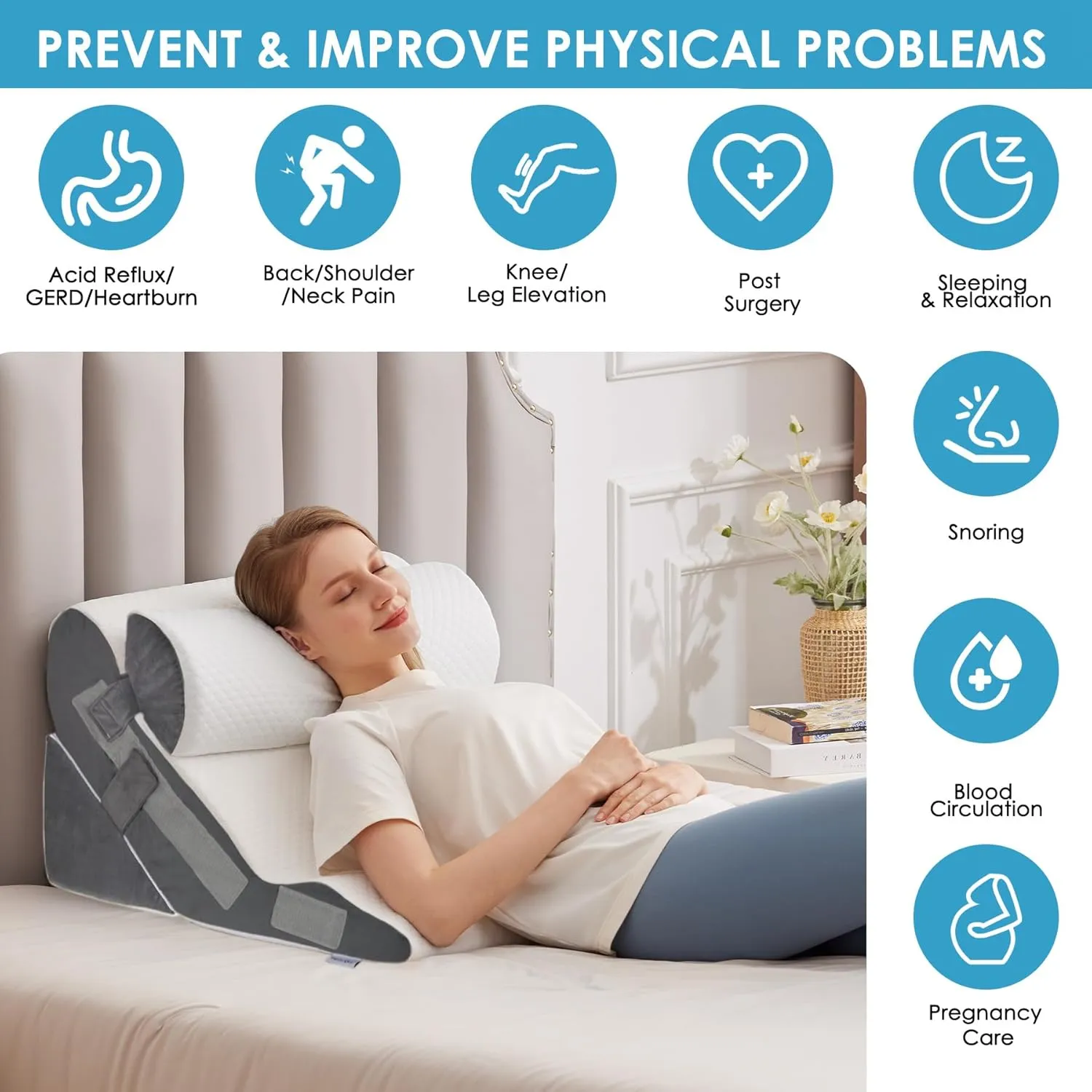 3PCS Bed Wedge Pillow for Headboard, 10-in-1 Adjustable Foam Wedge Pillow for Acid Reflux Relief, 23” Wide Triangle Pillow Wedge for Post Surgery, Back Pain Relief & Snoring, White/Grey