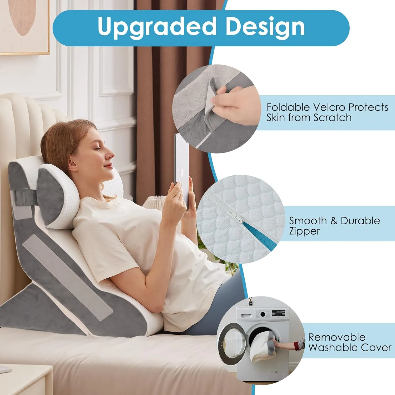 3PCS Bed Wedge Pillow for Headboard, 10-in-1 Adjustable Foam Wedge Pillow for Acid Reflux Relief, 23” Wide Triangle Pillow Wedge for Post Surgery, Back Pain Relief & Snoring, White/Grey