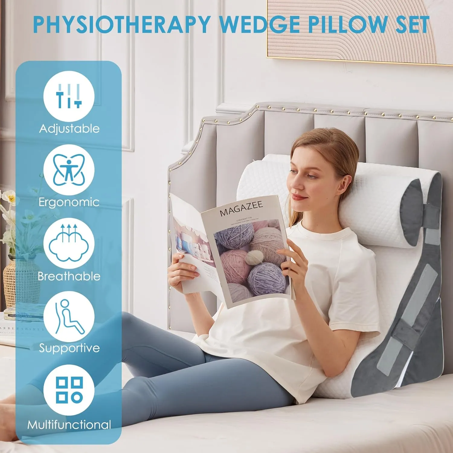 3PCS Bed Wedge Pillow for Headboard, 10-in-1 Adjustable Foam Wedge Pillow for Acid Reflux Relief, 23” Wide Triangle Pillow Wedge for Post Surgery, Back Pain Relief & Snoring, White/Grey