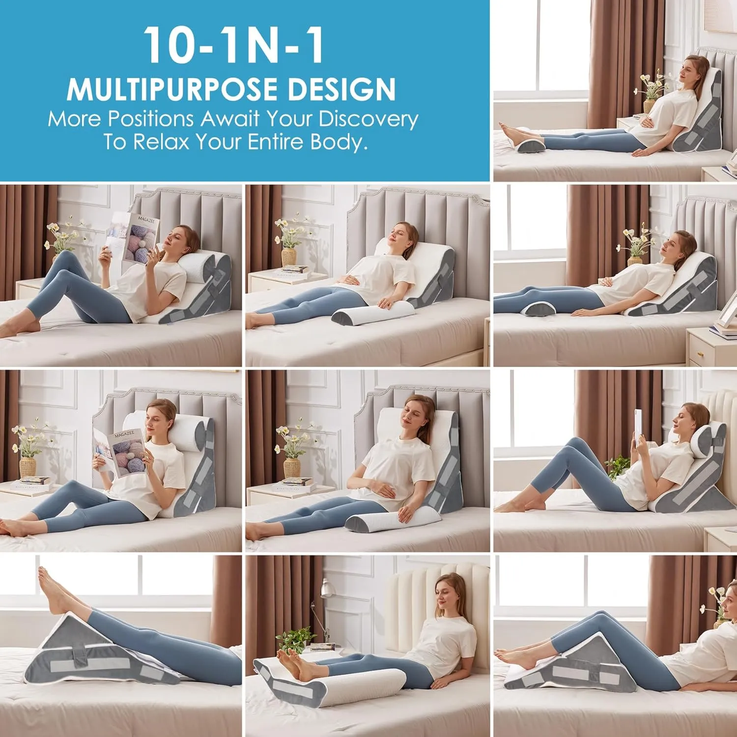 3PCS Bed Wedge Pillow for Headboard, 10-in-1 Adjustable Foam Wedge Pillow for Acid Reflux Relief, 23” Wide Triangle Pillow Wedge for Post Surgery, Back Pain Relief & Snoring, White/Grey