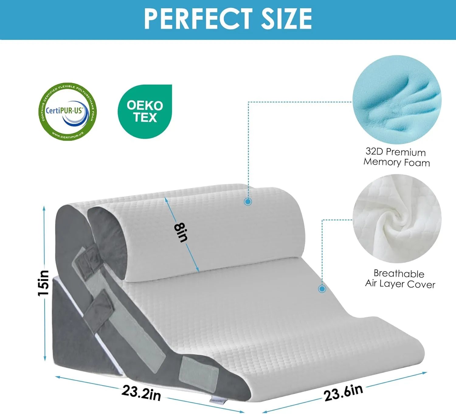 3PCS Bed Wedge Pillow for Headboard, 10-in-1 Adjustable Foam Wedge Pillow for Acid Reflux Relief, 23” Wide Triangle Pillow Wedge for Post Surgery, Back Pain Relief & Snoring, White/Grey