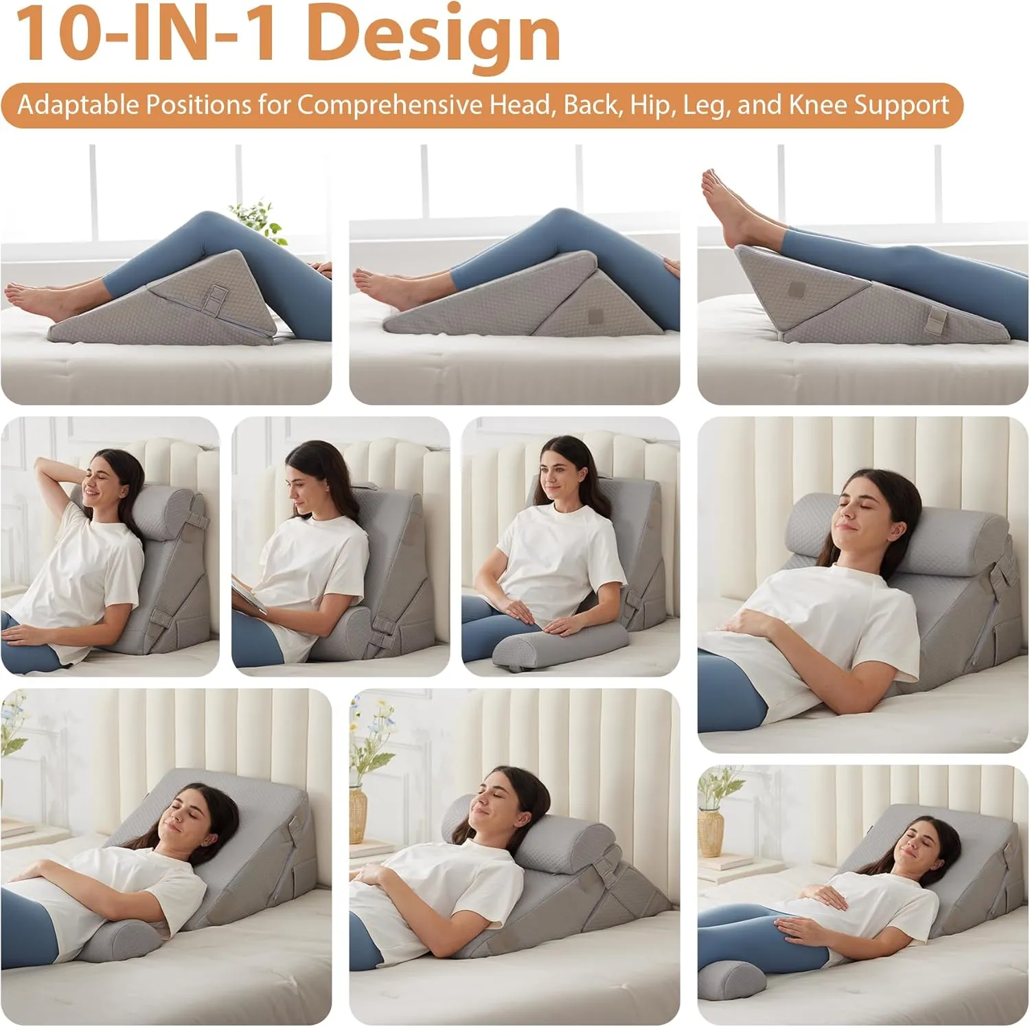 3PCS Wedge Pillow Set, Adjustable Wedge Pillow Headboard, Bed Wedge Pillows for Back Pain Relief, Sleeping, Post Surgery, Back Support Pillow for Bed Sitting Up, Snoring, GERD,Grey