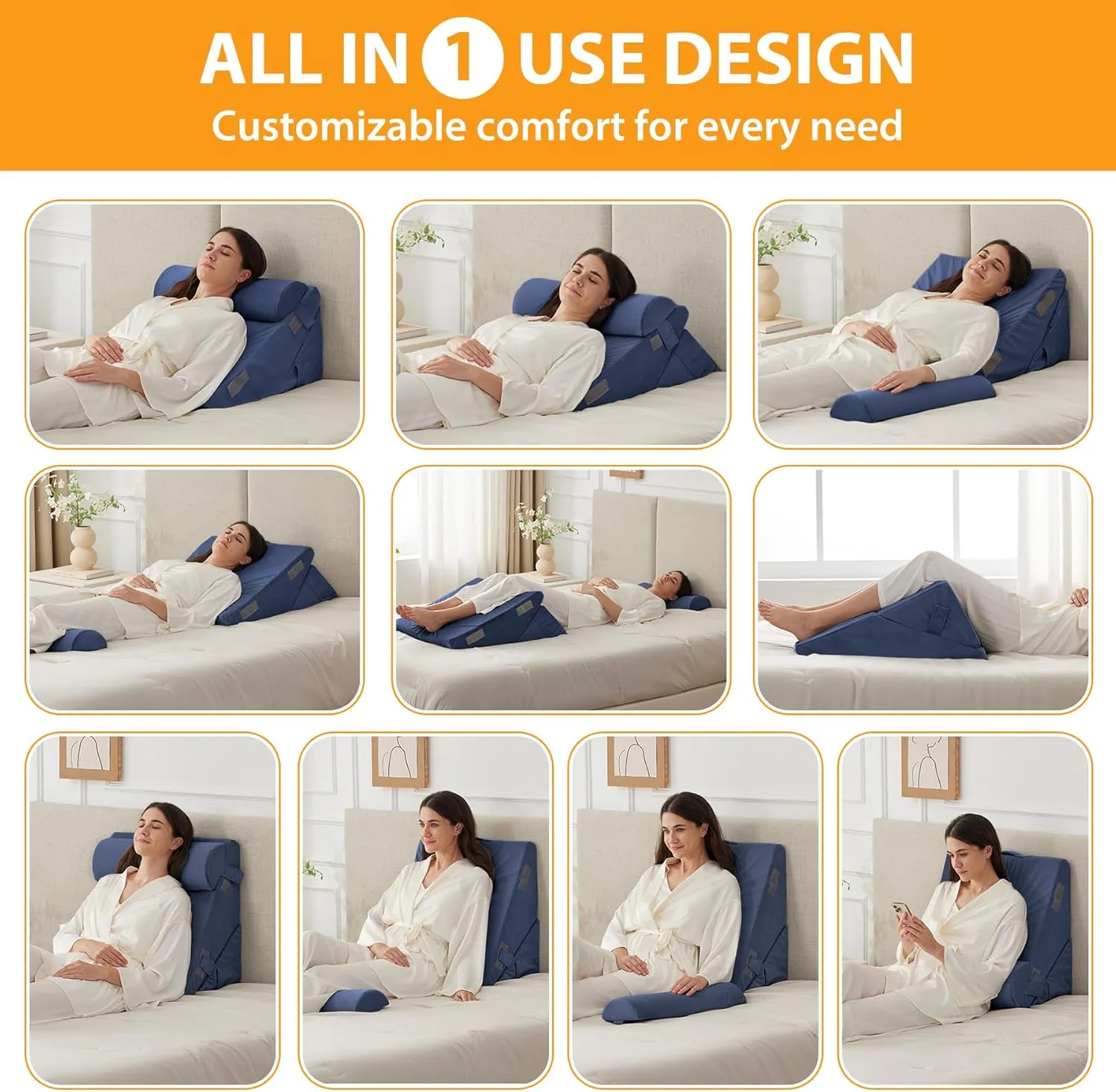 3PCS Wedge Pillow Set for After Surgery, Wedge Pillow Headboard, Adjustable 9&12 Inch Bed Pillow Wedge for Sleeping, Acid Reflux, Orthopedic Pillow Wedge for Back Pain Relief, Gerd, Navy