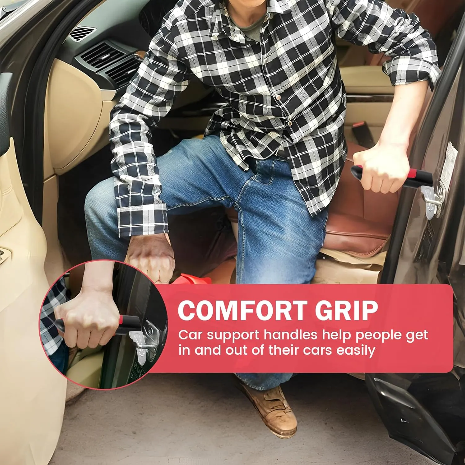 4 Pack Portable Car Assist Handle, Car Handle Assist for Elderly, 3 in 1 Emergency Car Tool Portable Vehicle Support Handle,for Elderly,Seniors,Handicapped, Disable People (Red)