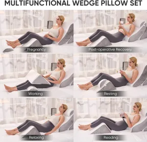 4 PCS Wedge Pillow Set for After Surgery, Memory Foam Orthopedic Bed Wedge Pillow Set, Adjustable Bed for Sleeping, Acid Reflux Relief, Post Surgery Recovery, Back Support, Leg Elevation, Gery