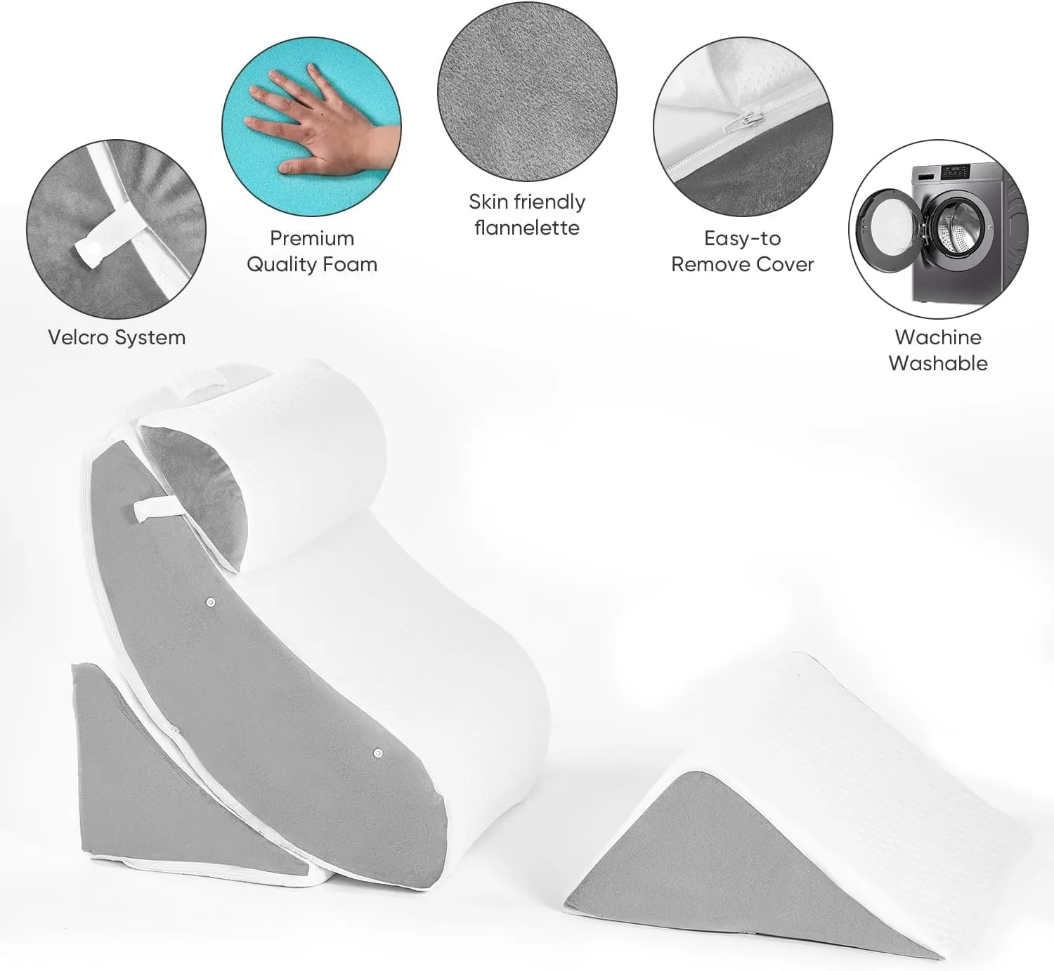 4 PCS Wedge Pillow Set for After Surgery, Memory Foam Orthopedic Bed Wedge Pillow Set, Adjustable Bed for Sleeping, Acid Reflux Relief, Post Surgery Recovery, Back Support, Leg Elevation, Gery