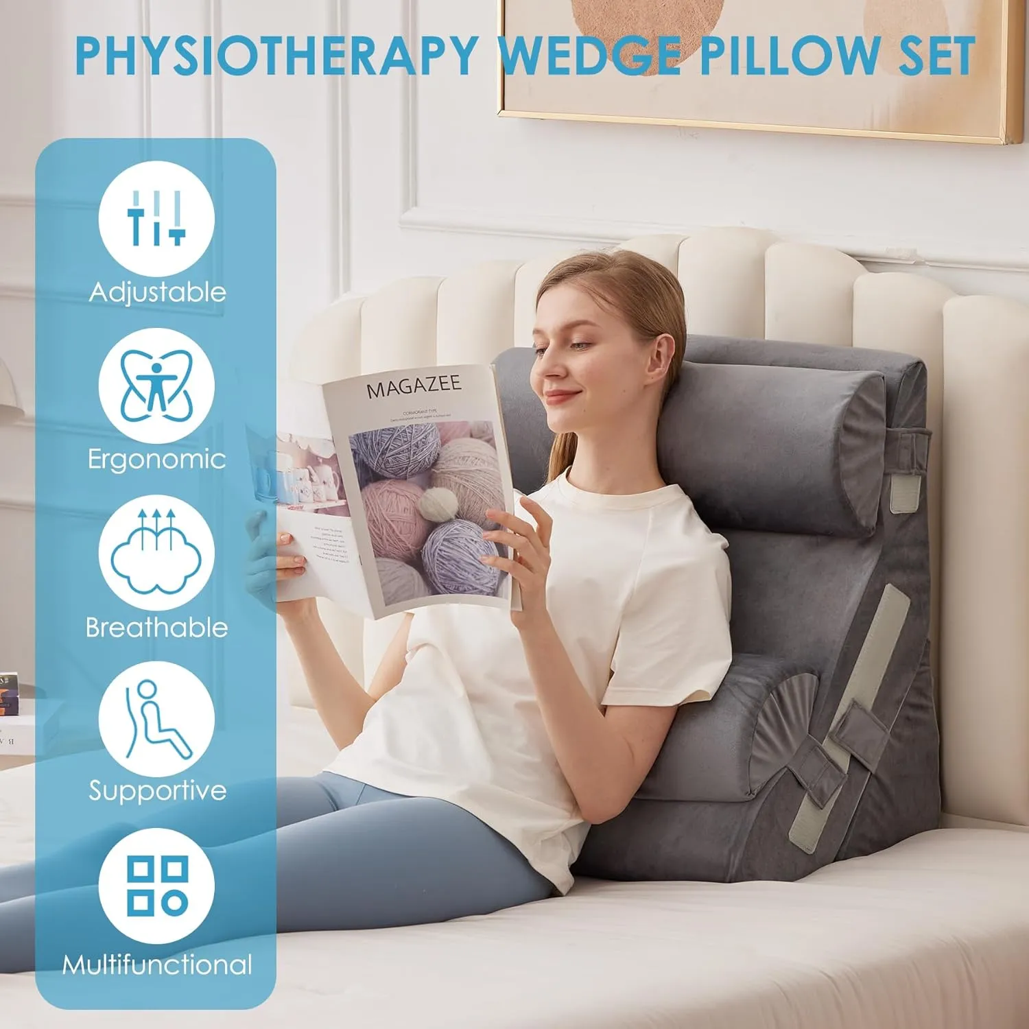 4PCS Bed Wedge Pillow for Headboard, 10-in-1 Adjustable Foam Wedge Pillow for Acid Reflux Relief, 23” Wide Triangle Pillow Wedge for Post Surgery, Back Pain Relief & Snoring, Grey