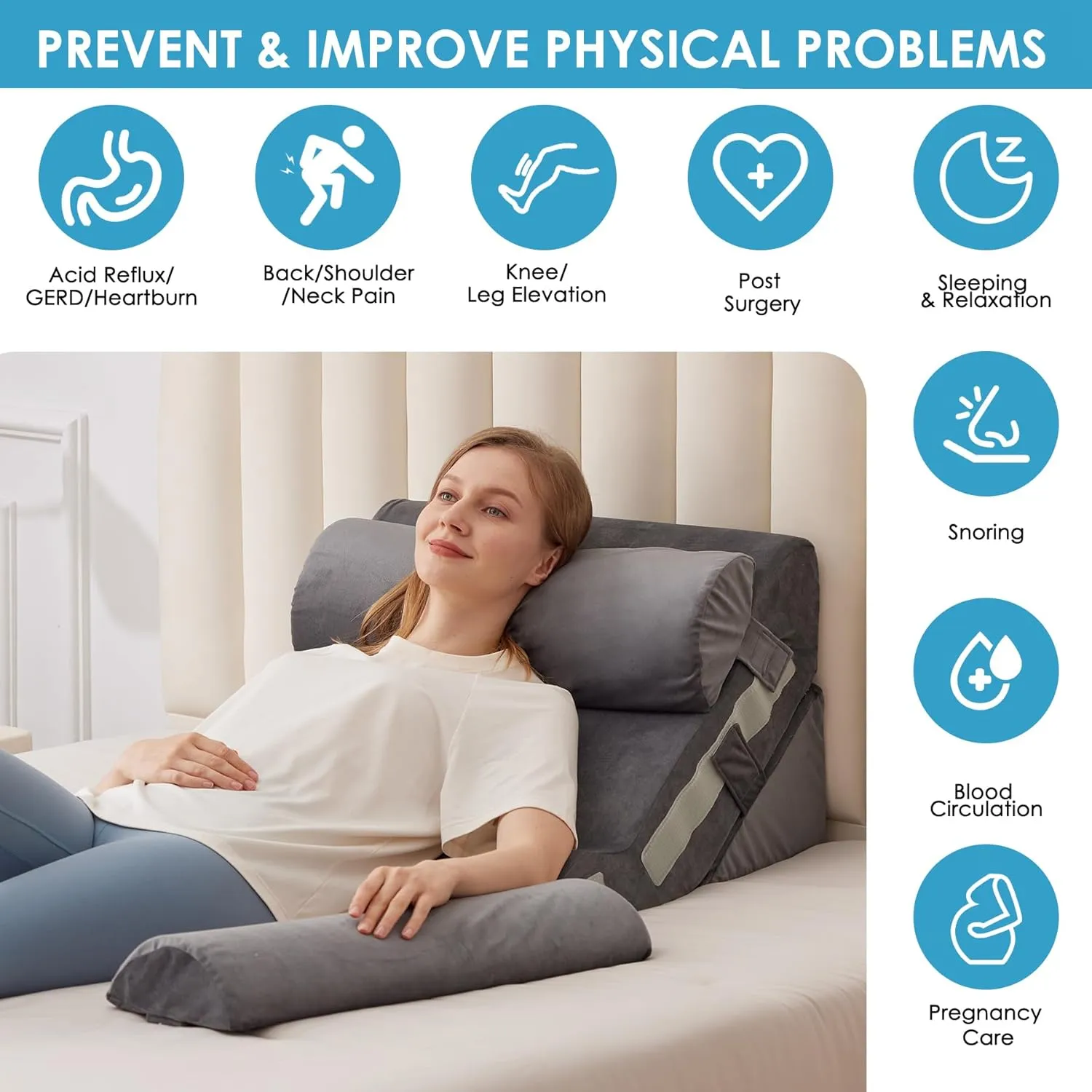 4PCS Bed Wedge Pillow for Headboard, 10-in-1 Adjustable Foam Wedge Pillow for Acid Reflux Relief, 23” Wide Triangle Pillow Wedge for Post Surgery, Back Pain Relief & Snoring, Grey