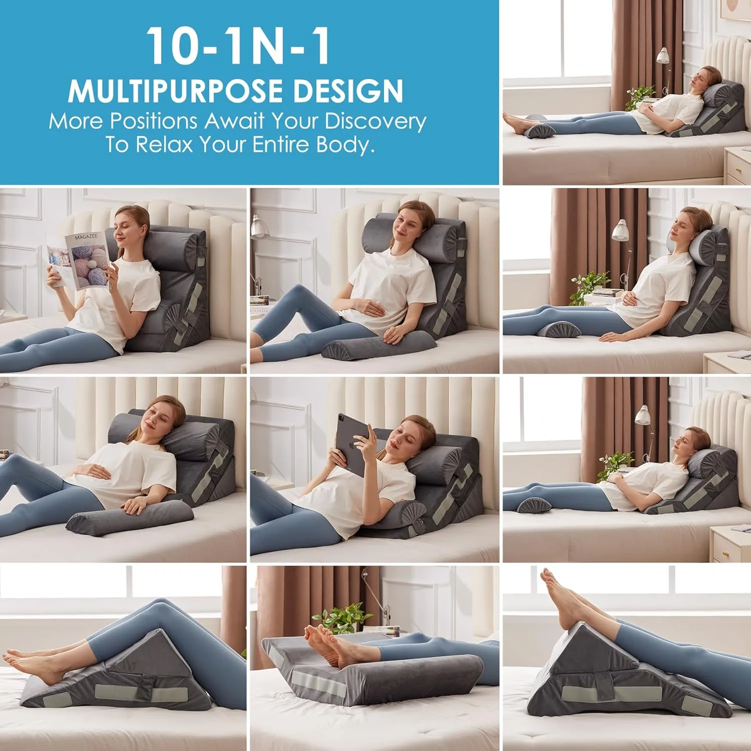 4PCS Bed Wedge Pillow for Headboard, 10-in-1 Adjustable Foam Wedge Pillow for Acid Reflux Relief, 23” Wide Triangle Pillow Wedge for Post Surgery, Back Pain Relief & Snoring, Grey