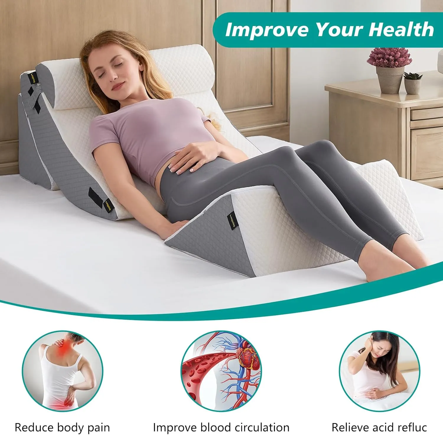4PCS Orthopedic Bed Wedge Pillow Set for Post Surgery - Adjustable Wedge Pillow for Neck Back and Leg Pain Relief - Triangle Pillow Wedge for Acid Reflux & Sleeping & GERD (White Grey)