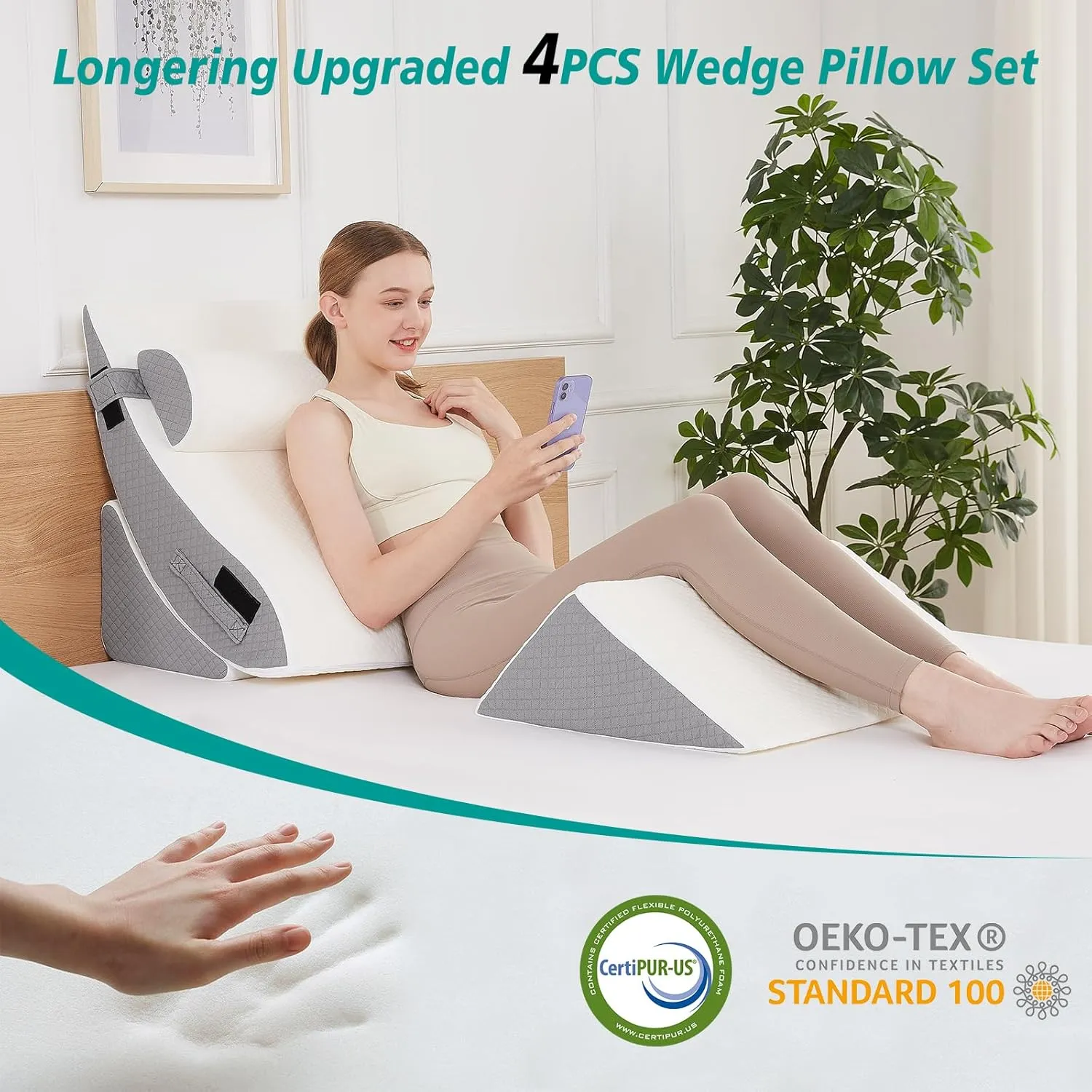 4PCS Orthopedic Bed Wedge Pillow Set for Post Surgery - Adjustable Wedge Pillow for Neck Back and Leg Pain Relief - Triangle Pillow Wedge for Acid Reflux & Sleeping & GERD (White Grey)