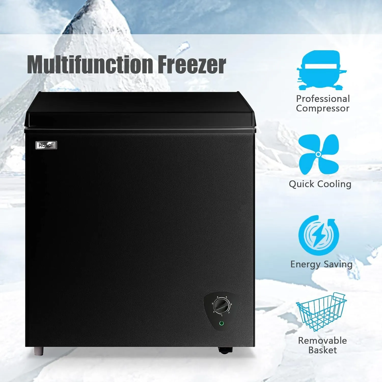 5.0 Cubic Feet Deep Chest Freezer Compact Freezers with Adjustable Thermostat Top Open Door Freezer Compressor Cooling with Rmovable Storage Basket for Home Kitchen Office and Bar (Black)
