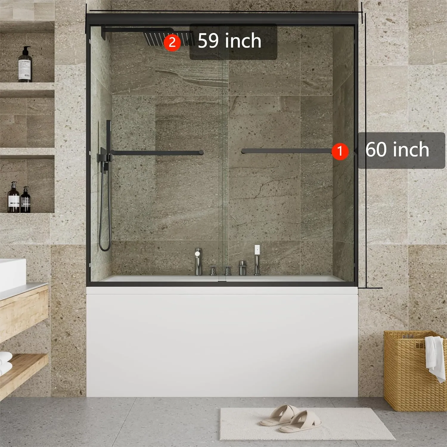 55-59" W x 60" H Semi-Framed Double Sliding Shower Door, 1/4" (6mm) Tempered Safety Glass with Explosion-Proof Film, Matte Black Frame, Easy Installation, Bathroom Glass Shower Enclosure Door