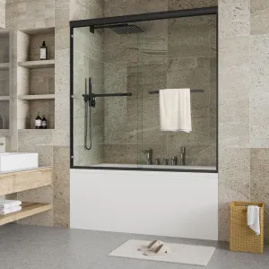 55-59" W x 60" H Semi-Framed Double Sliding Shower Door, 1/4" (6mm) Tempered Safety Glass with Explosion-Proof Film, Matte Black Frame, Easy Installation, Bathroom Glass Shower Enclosure Door
