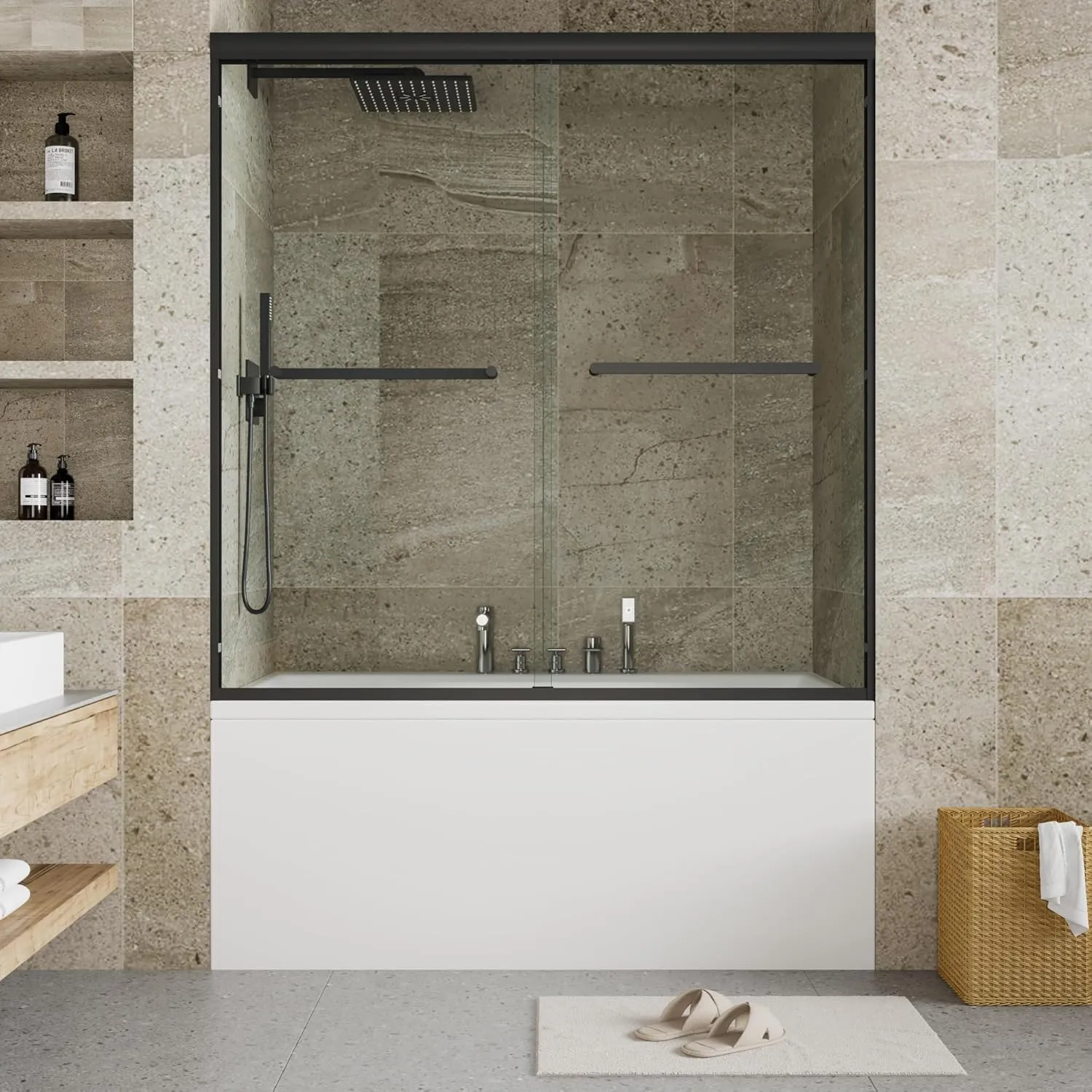 55-59" W x 60" H Semi-Framed Double Sliding Shower Door, 1/4" (6mm) Tempered Safety Glass with Explosion-Proof Film, Matte Black Frame, Easy Installation, Bathroom Glass Shower Enclosure Door