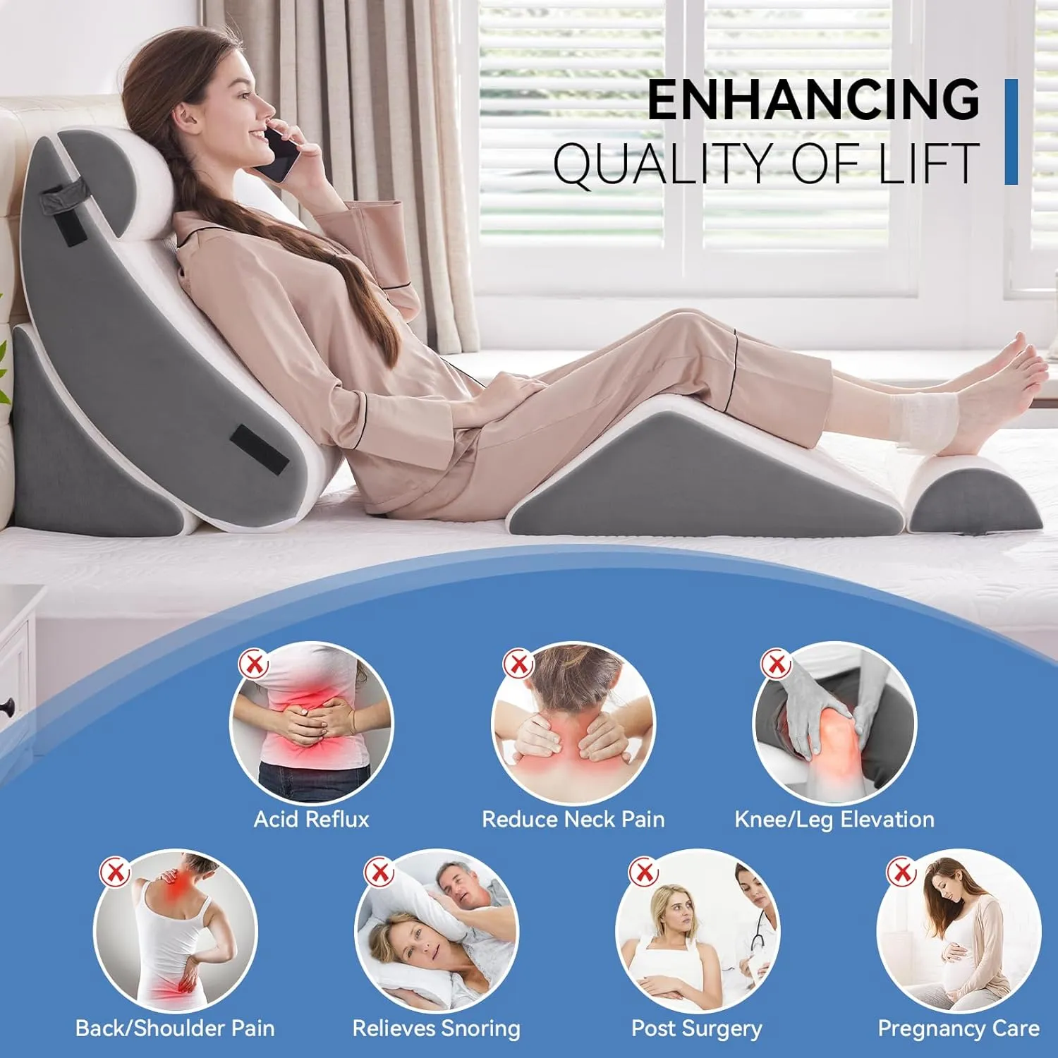 5PCS Orthopedic Bed Wedge Pillow Set for Sleeping, Post Surgery Foam Support Pillow for Back, Neck, Leg Pain Relief and Acid Reflux, Comfortable Adjustable Pillow with 2PCS Axilla Pillow Grey
