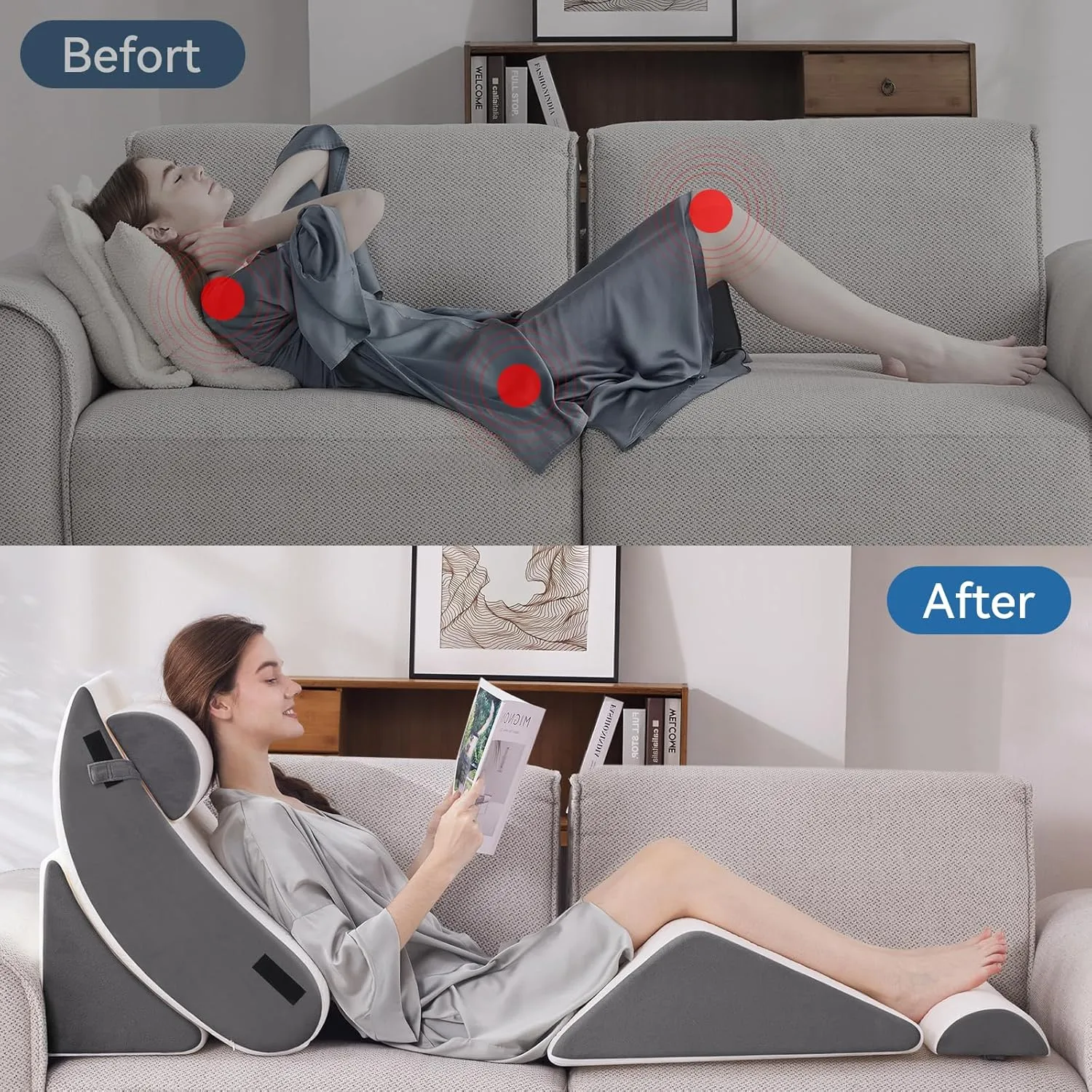 5PCS Orthopedic Bed Wedge Pillow Set for Sleeping, Post Surgery Foam Support Pillow for Back, Neck, Leg Pain Relief and Acid Reflux, Comfortable Adjustable Pillow with 2PCS Axilla Pillow Grey