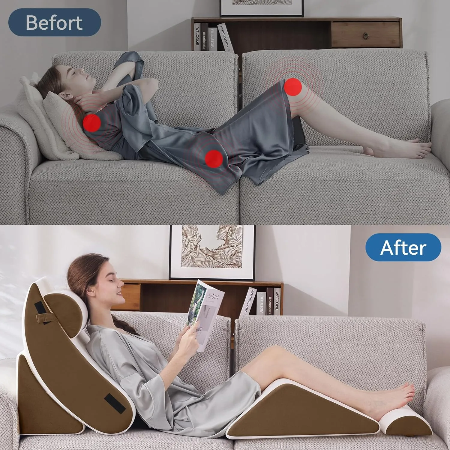5PCS Orthopedic Bed Wedge Pillow Set for Sleeping, Post Surgery Foam Support Pillow for Back, Neck, Leg Pain Relief and Acid Reflux, Comfortable Back Pillow with 2PCS Axilla Pillow Brown