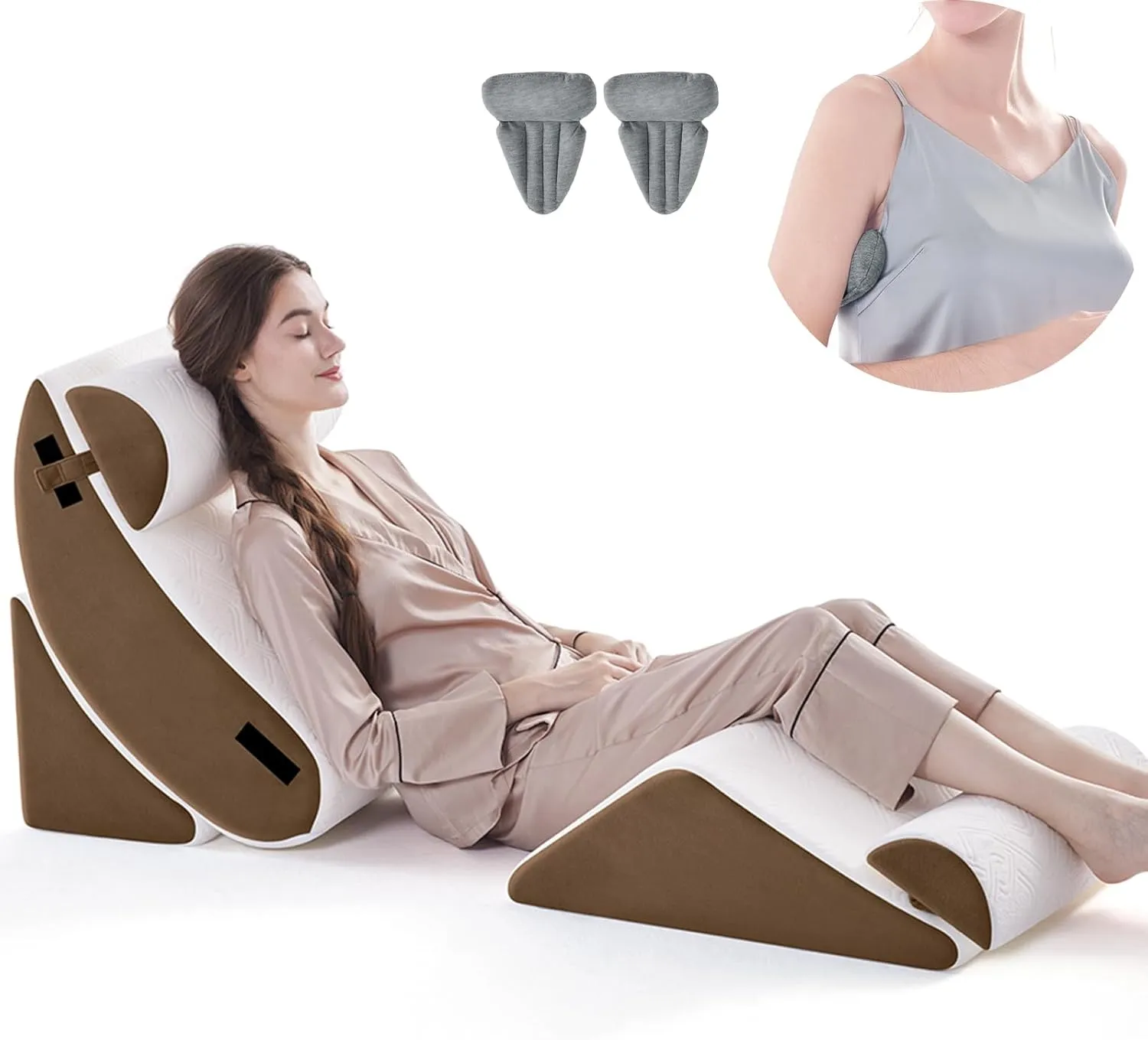 5PCS Orthopedic Bed Wedge Pillow Set for Sleeping, Post Surgery Foam Support Pillow for Back, Neck, Leg Pain Relief and Acid Reflux, Comfortable Back Pillow with 2PCS Axilla Pillow Brown