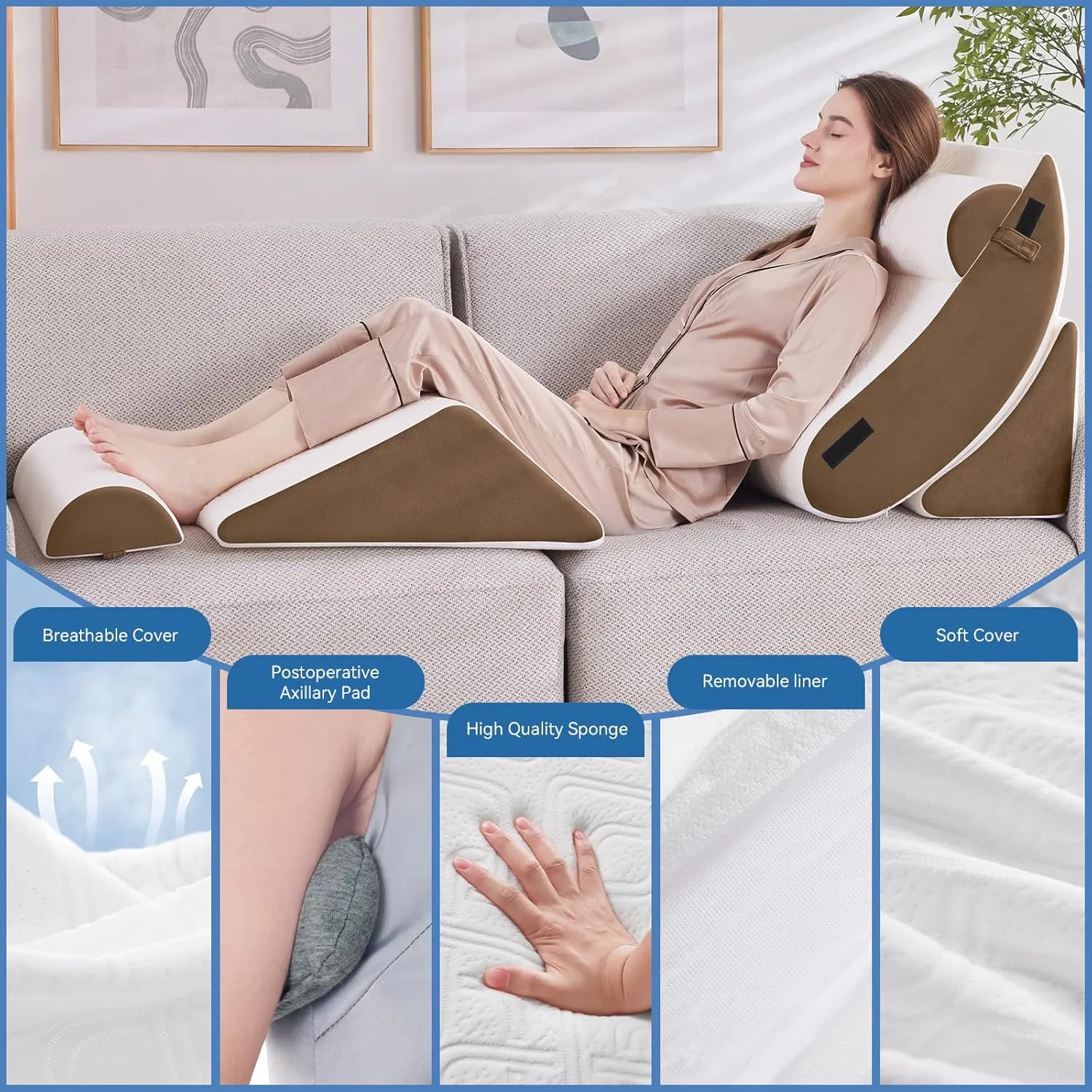 5PCS Orthopedic Bed Wedge Pillow Set for Sleeping, Post Surgery Foam Support Pillow for Back, Neck, Leg Pain Relief and Acid Reflux, Comfortable Back Pillow with 2PCS Axilla Pillow Brown