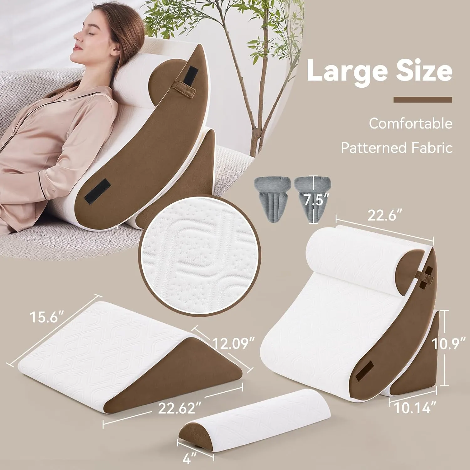 5PCS Orthopedic Bed Wedge Pillow Set for Sleeping, Post Surgery Foam Support Pillow for Back, Neck, Leg Pain Relief and Acid Reflux, Comfortable Back Pillow with 2PCS Axilla Pillow Brown