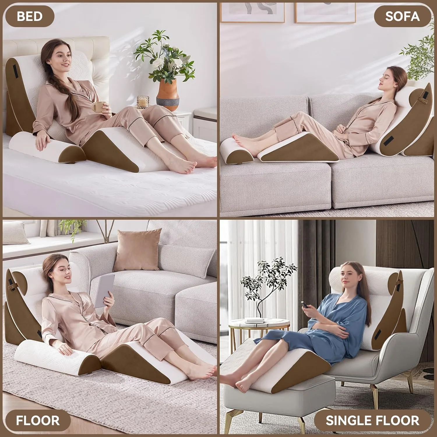 5PCS Orthopedic Bed Wedge Pillow Set for Sleeping, Post Surgery Foam Support Pillow for Back, Neck, Leg Pain Relief and Acid Reflux, Comfortable Back Pillow with 2PCS Axilla Pillow Brown