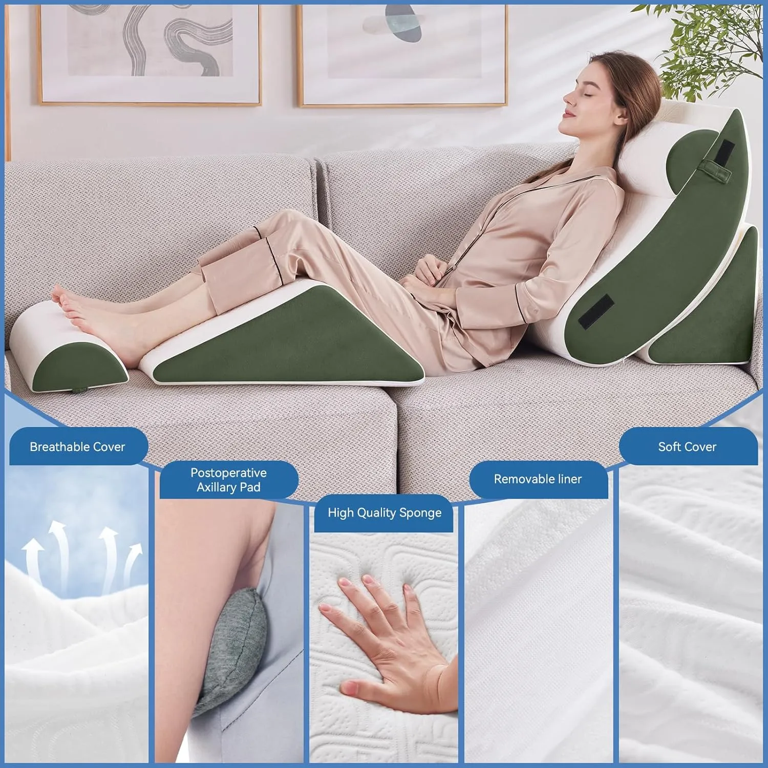 5PCS Orthopedic Bed Wedge Pillow Set for Sleeping, Post Surgery Foam Support Pillow for Back, Neck, Leg Pain Relief and Acid Reflux, Comfortable Back Pillow with 2PCS Axilla Pillow Green