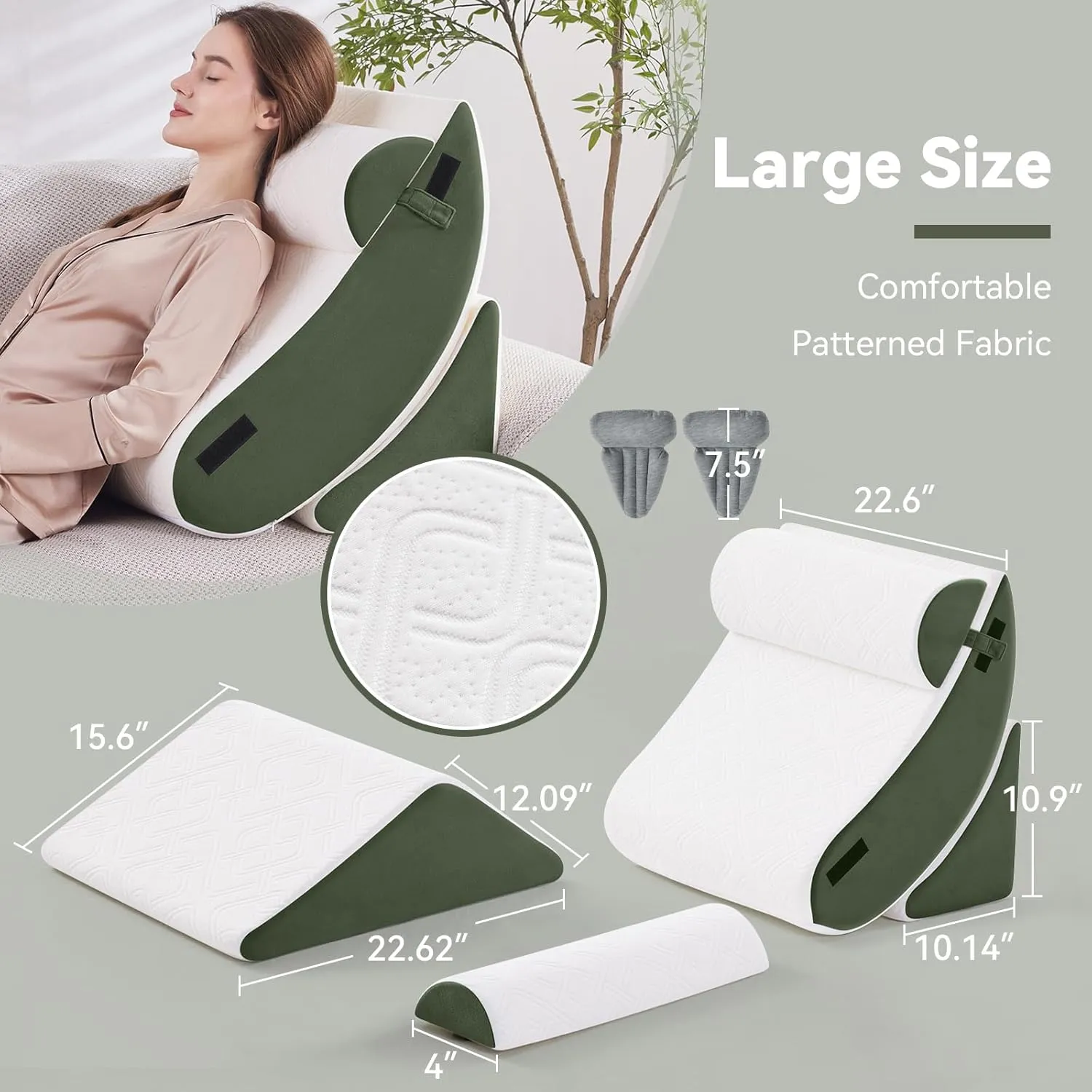 5PCS Orthopedic Bed Wedge Pillow Set for Sleeping, Post Surgery Foam Support Pillow for Back, Neck, Leg Pain Relief and Acid Reflux, Comfortable Back Pillow with 2PCS Axilla Pillow Green