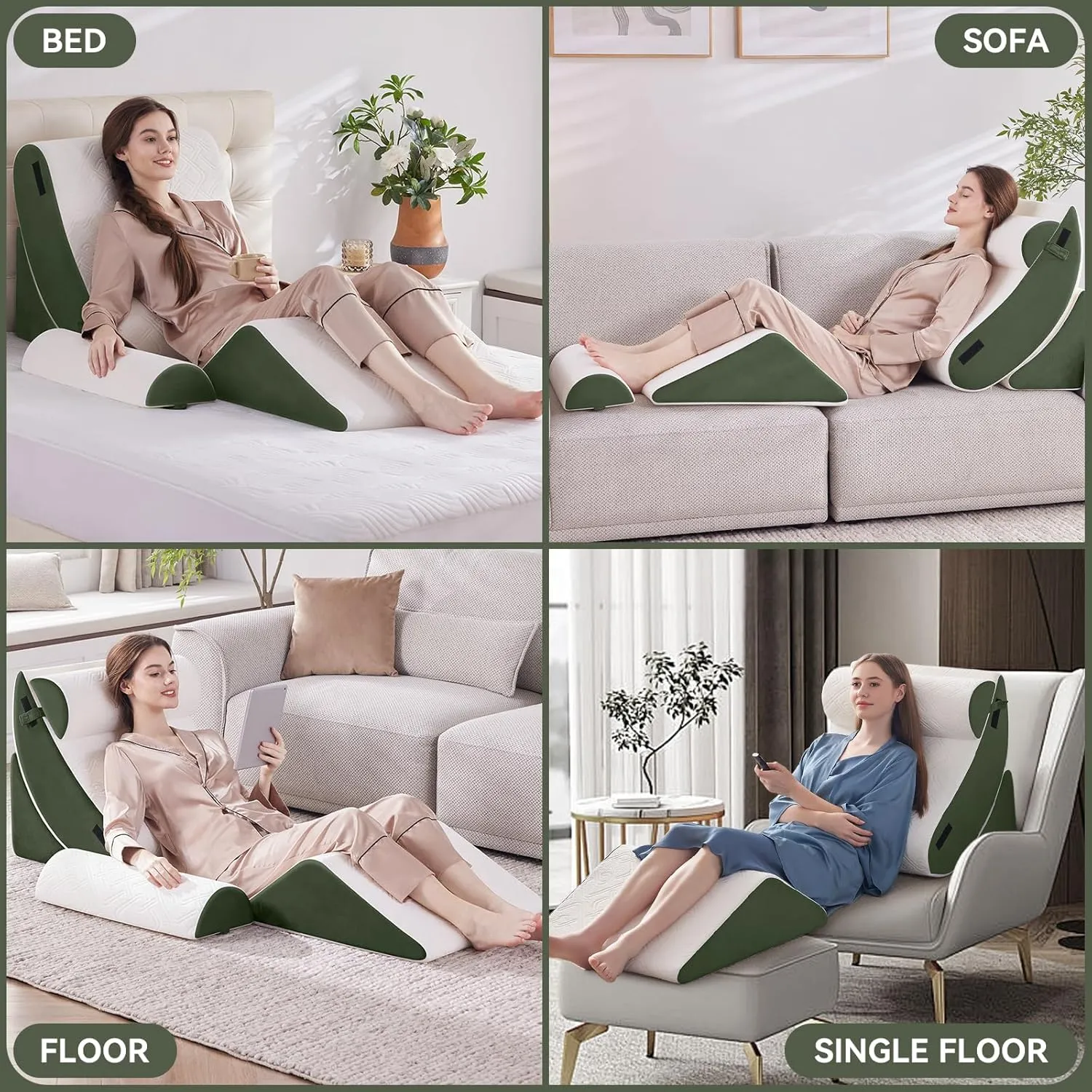 5PCS Orthopedic Bed Wedge Pillow Set for Sleeping, Post Surgery Foam Support Pillow for Back, Neck, Leg Pain Relief and Acid Reflux, Comfortable Back Pillow with 2PCS Axilla Pillow Green