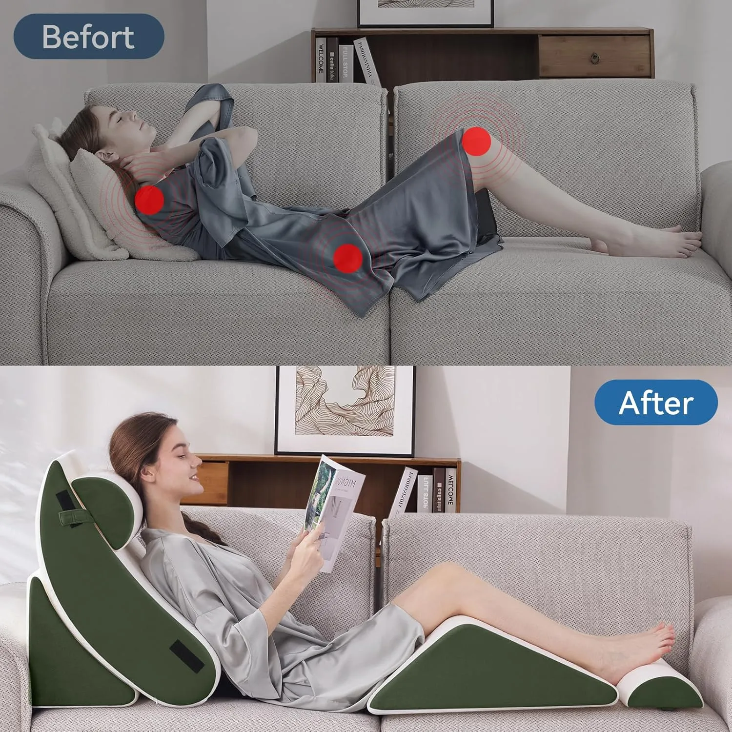 5PCS Orthopedic Bed Wedge Pillow Set for Sleeping, Post Surgery Foam Support Pillow for Back, Neck, Leg Pain Relief and Acid Reflux, Comfortable Back Pillow with 2PCS Axilla Pillow Green