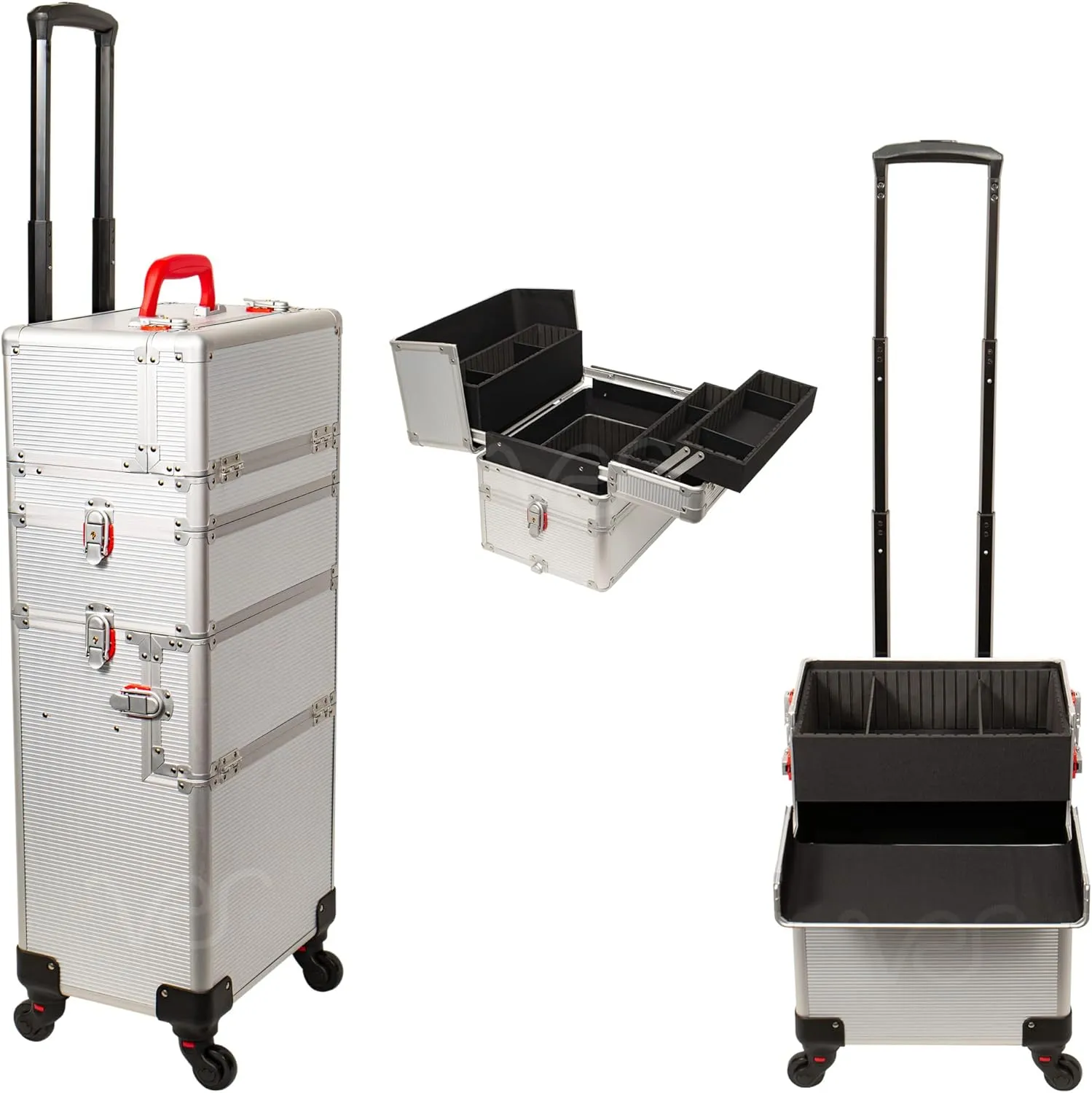 6 in 1 Professional Aluminum Interchangeable Rolling Makeup Train Case Large Capacity Trolley Travel Storage Cosmetic Organizer Portable Extra Lid