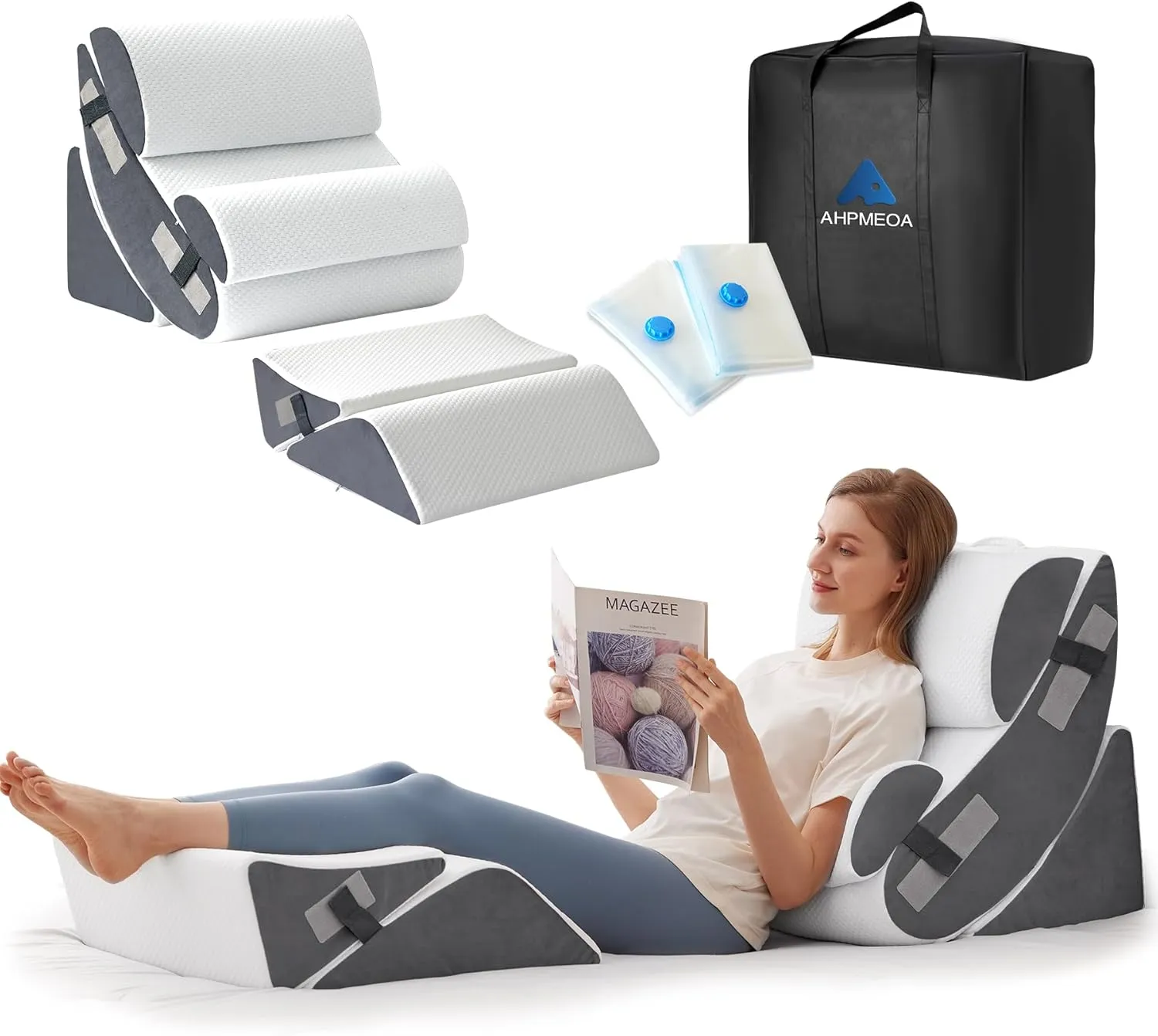 6PCS Wedge Pillow Set for After Surgery, Orthopedic Bed Wedge Pillow for Headboard, Memory Foam Back Pillow for Bed Sitting Up, Sit Up Pillow for Acid Reflux Relief, GERD, Anti Snoring (White)