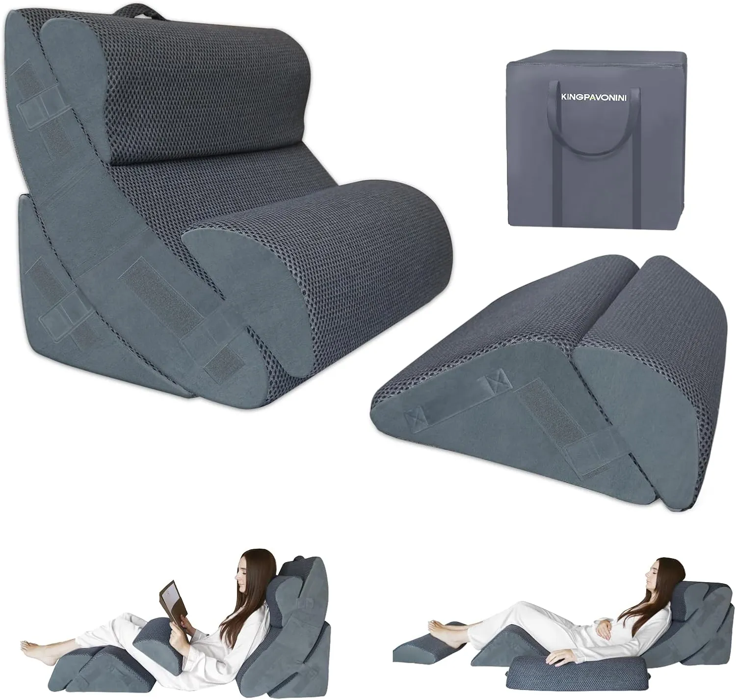 6PCS XL Orthopedic Bed Wedge Pillow for Sleeping, Gel Memory Foam Post Surgery Pillow Set for Back, Neck, Leg Support, Acid Reflux, Gerd, Anti Snoring, with Washable Cover & Travel Bag (Gray, 24'' W)