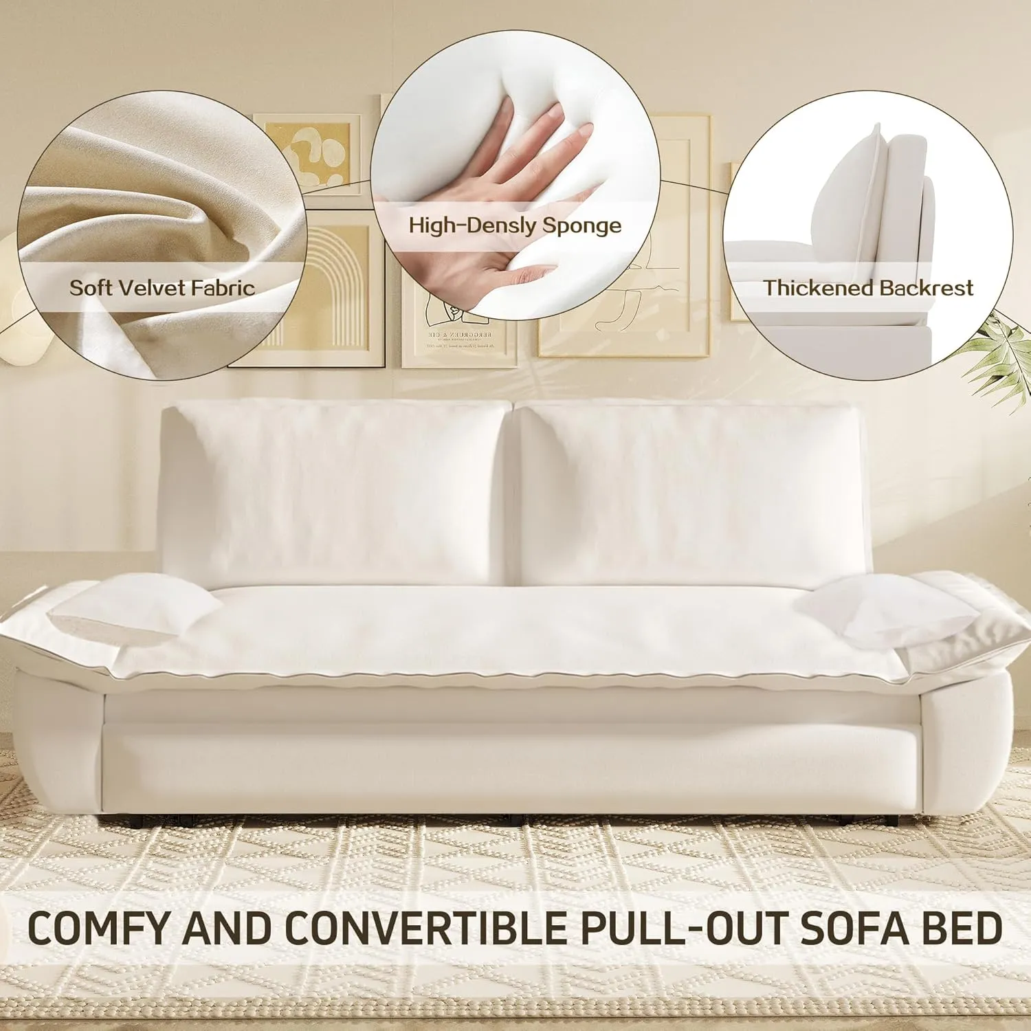 70.1" Futon Sofa Bed Queen Size, Pull Out Bed, 3-in-1 Convertible Sleeper Sofa with Cushion Armrest, Modern Velvet Futon Couch for Living Room, Small Space, Apartment, Bedroom, Beige