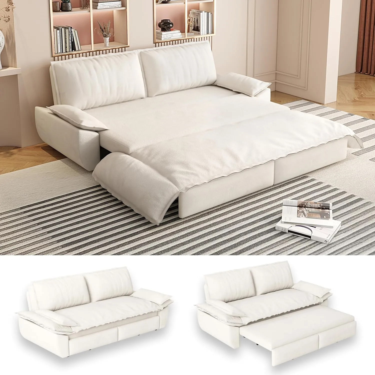 70.1" Futon Sofa Bed Queen Size, Pull Out Bed, 3-in-1 Convertible Sleeper Sofa with Cushion Armrest, Modern Velvet Futon Couch for Living Room, Small Space, Apartment, Bedroom, Beige