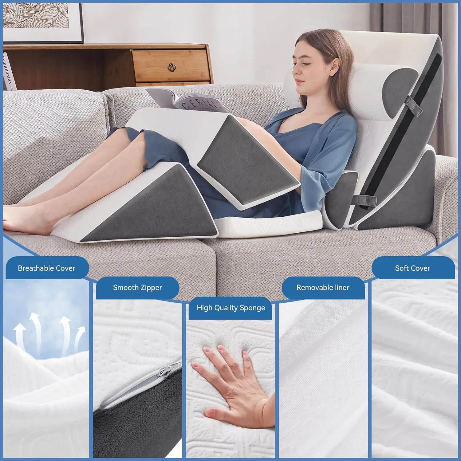 7PCS Orthopedic Bed Wedge Pillow Set for Sleeping, Post Surgery Foam Support Pillow for Back, Neck, Leg Pain Relief and Acid Reflux, Comfortable Adjustable Sitting Back Pillow Grey