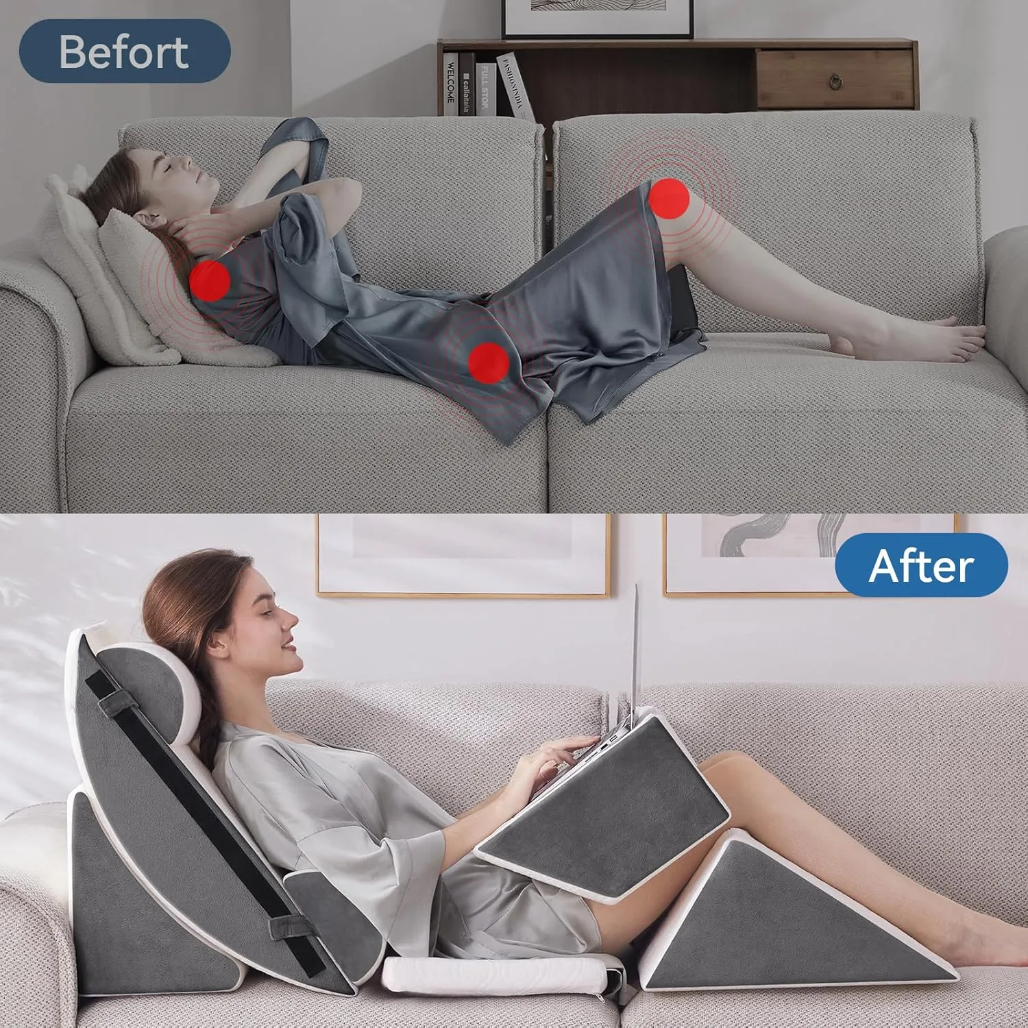 7PCS Orthopedic Bed Wedge Pillow Set for Sleeping, Post Surgery Foam Support Pillow for Back, Neck, Leg Pain Relief and Acid Reflux, Comfortable Adjustable Sitting Back Pillow Grey