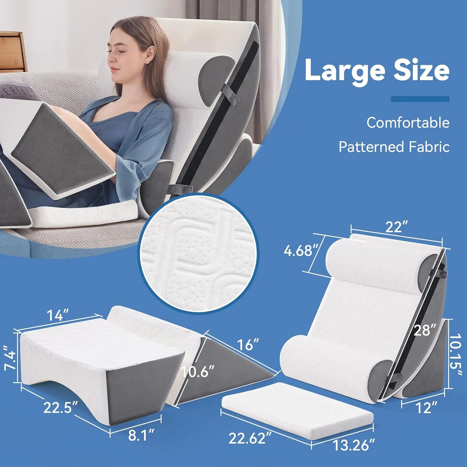 7PCS Orthopedic Bed Wedge Pillow Set for Sleeping, Post Surgery Foam Support Pillow for Back, Neck, Leg Pain Relief and Acid Reflux, Comfortable Adjustable Sitting Back Pillow Grey