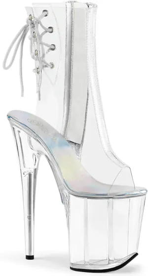 8 Inch Heel, 4 Inch Platform Open Toe/Heel Ankle Boot, Side Zip (Clear/Clear;5)